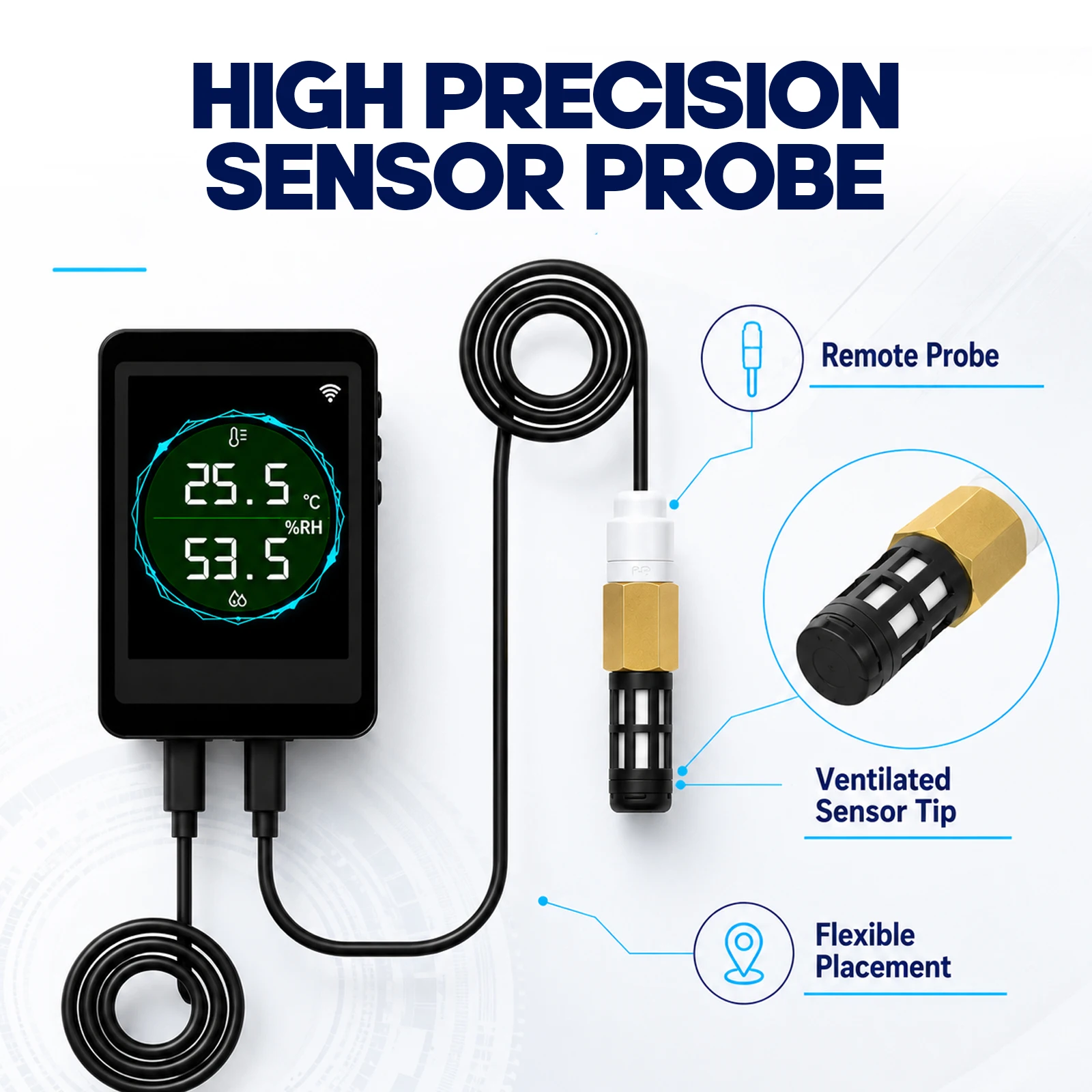 Smart WiFi Bluetooth Thermometer Hygrometer Color LCD Screen, External Probe, Tuya APP 24/7 Remote Monitoring for Greenhouses