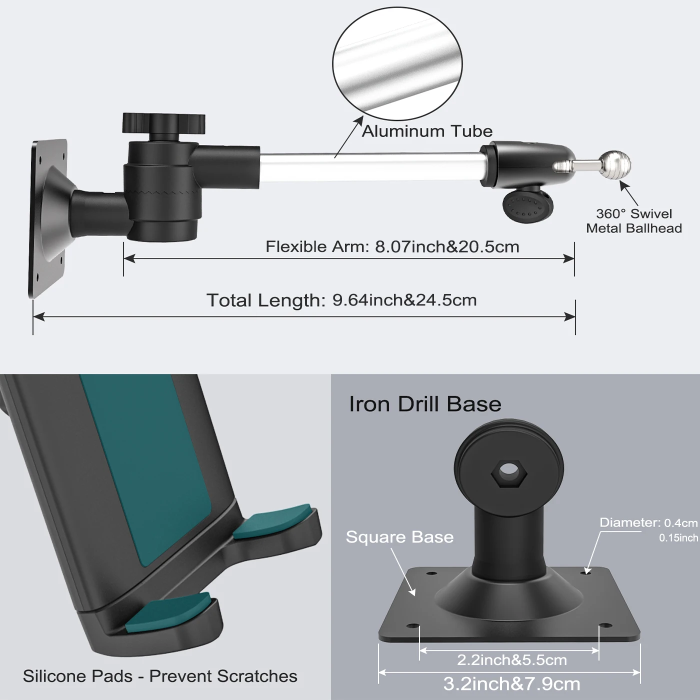 Aluminum Wall Mount Bracket for Tablet PC, Aluminum Alloy Phone Stand with 360° Swivel Foldable Arm Wall Mount Bracket for Table