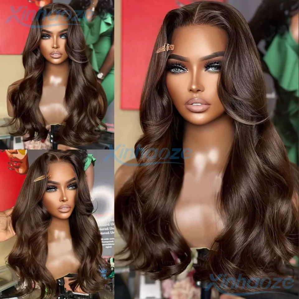 

Волна 13x6/360 Парики из натуральных волос на кружеве Темно-коричневые объемные волнистые бесклеевые человеческие волосы 13x4 Шелковый верх Парики на шнуровке Отбеленные узлы