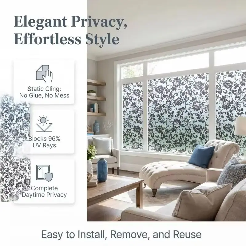 Privacy Film Heat Control, Anti-UV, Privacy Window Film Non-Adhesive Window Film Stickers for Home