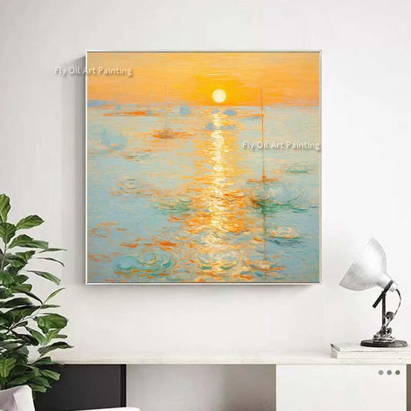 Large Sunset Seascape Oil Painting On Canvas Hand Painted Abstract Yellow Beach Landscape Painting Textured Wall Art  For Decor