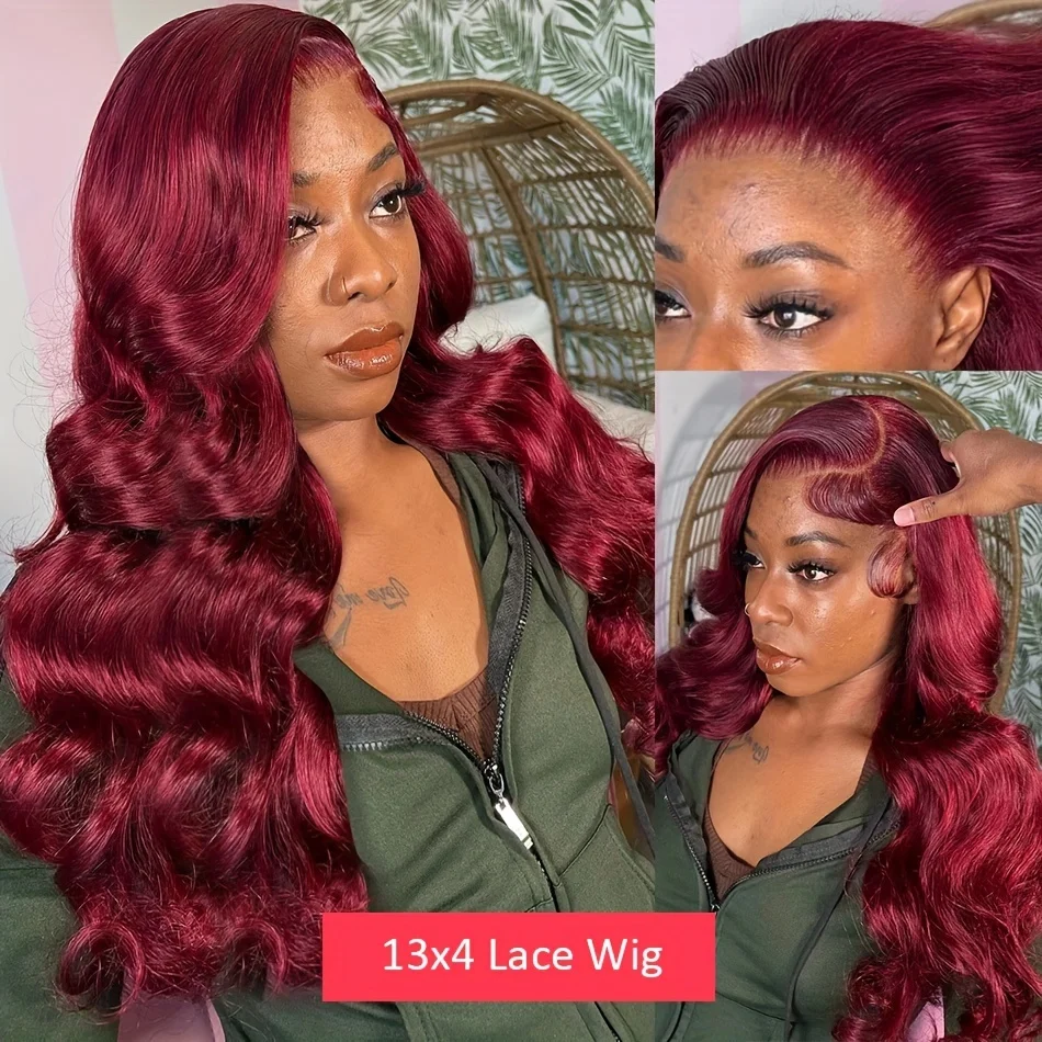 Wig rambut manusia renda depan gelombang tubuh 99J 13x4 30 inci Burgundy Wig Frontal HD transparan renda Wig warna Brasil untuk wanita