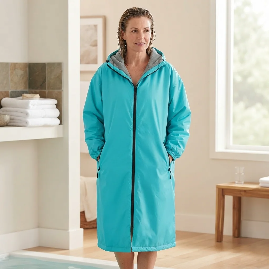 Adult Waterproof Surf Changing Robe Hooded Fleece Lined Swim Poncho Long Windproof Beach Outdoor Water Coat for Swimming