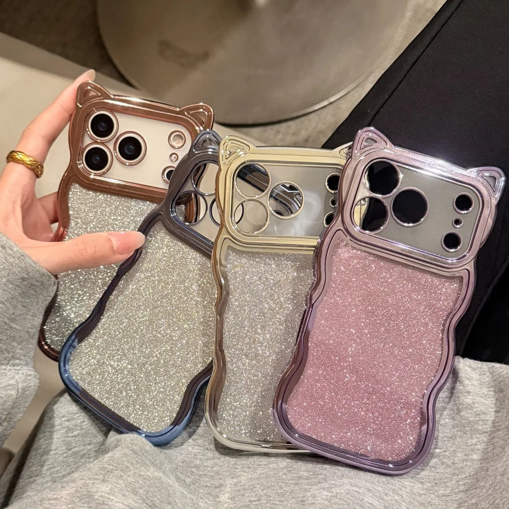 

Electroplated cute cat ear phone case, suitable for iPhone 17/14/15/16 ProMax,fundans17pro Korean INS shockproof protective case