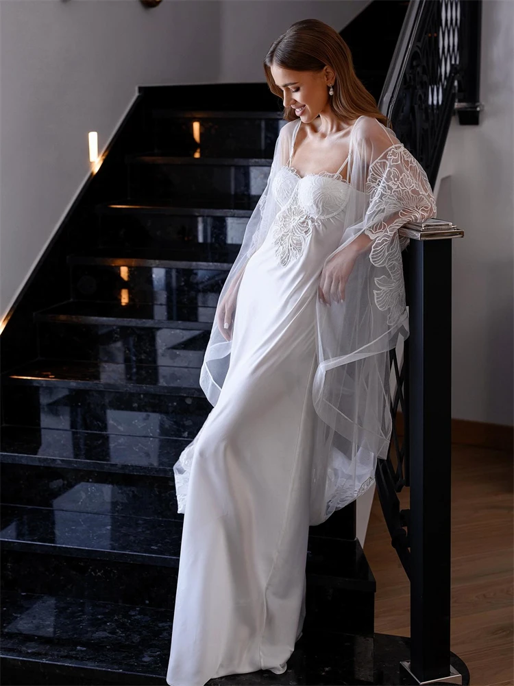 Elegant Two-Pieces Bride Robe For Embroidered Lace Wedding Sexy Flare Sleeves Bridal Shower Dress Women Night Gwon عرس لينجري