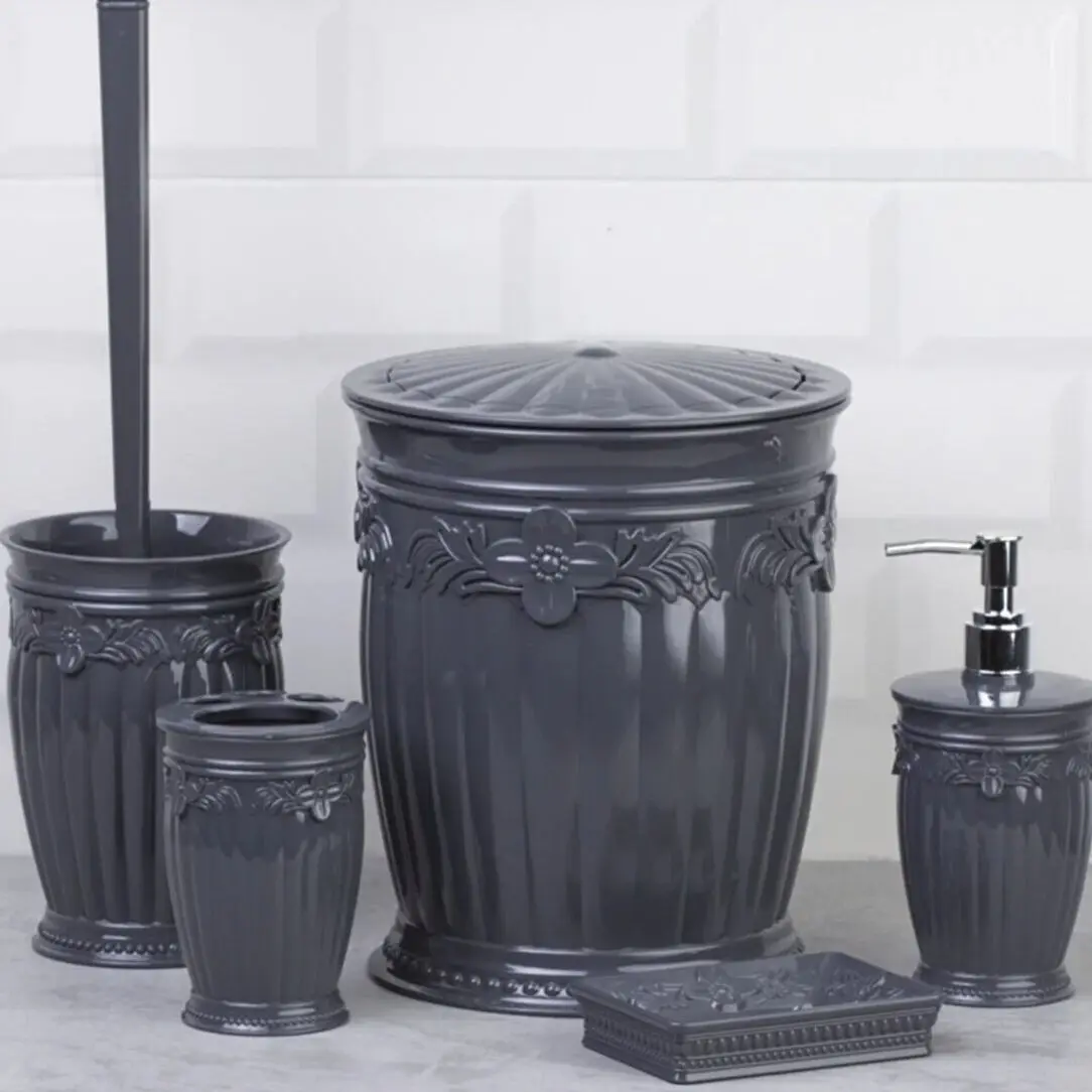 Bathroom Accessory Set Stylish Anthracite 5 Pcs Plastic Toothbrush Holder Liquid And Solid Soap Dispenser Toilet Brush Trash Can