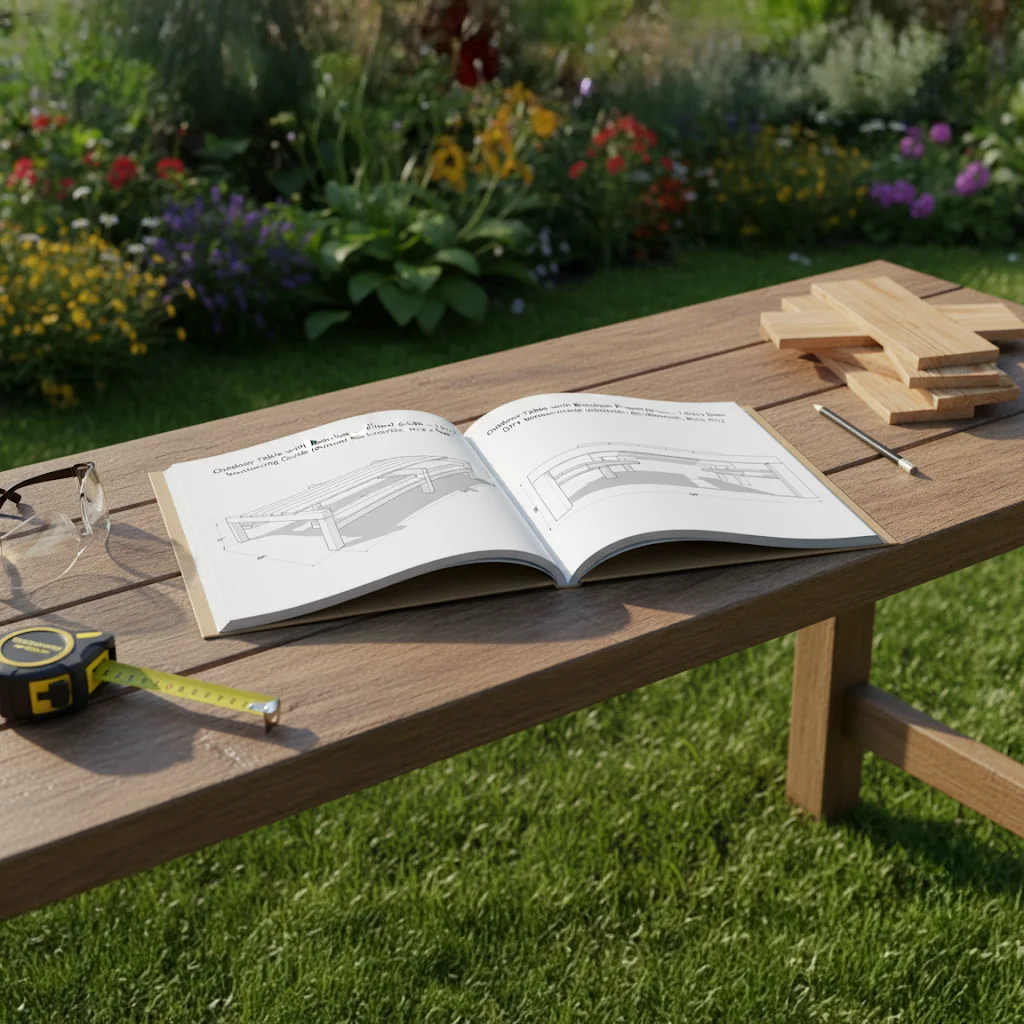 Outdoor Table with Benches Printed Plans – 16 ft 6x6 Base | DIY Woodworking Guide (Printed Booklet, No Materials, Not a Kit)