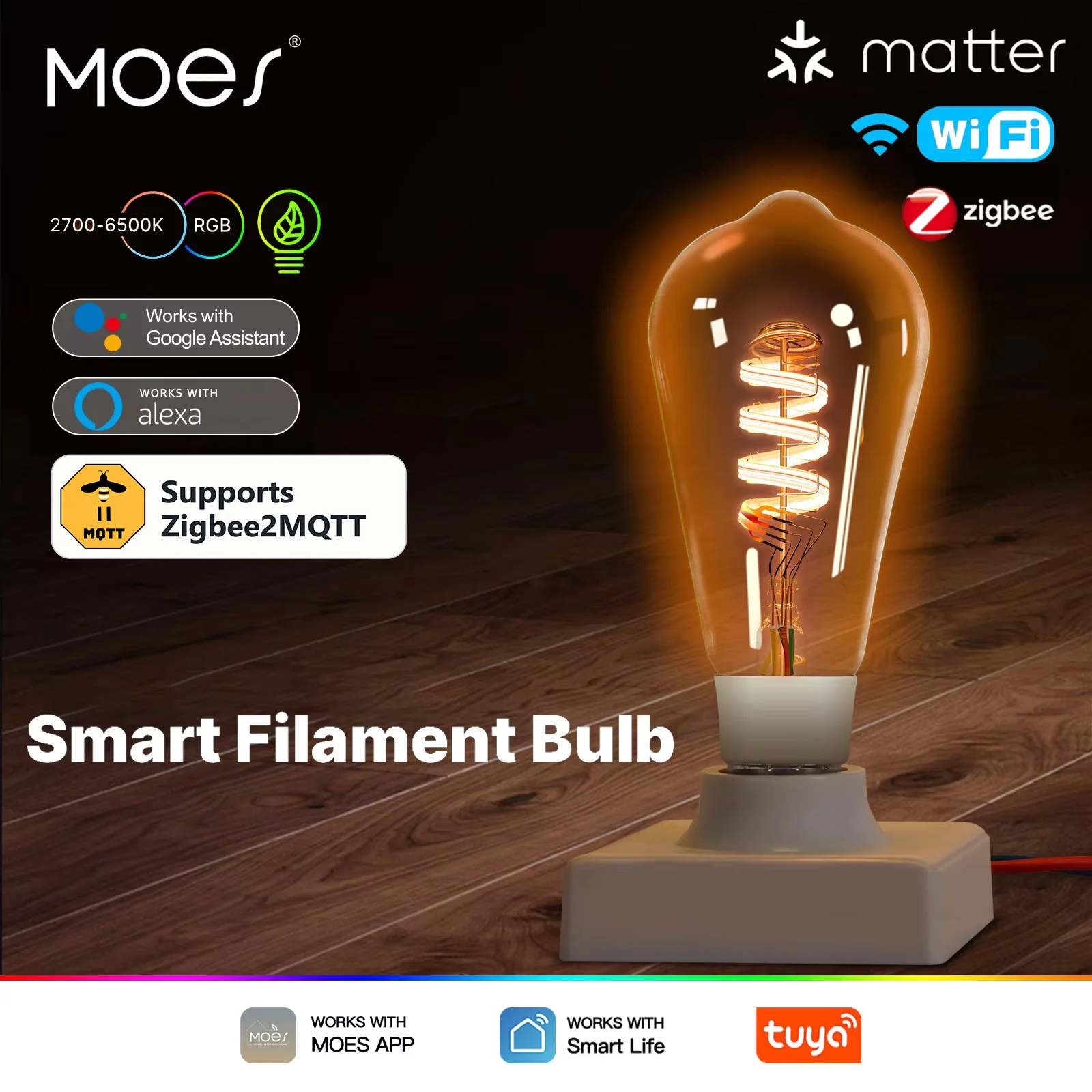 MOES ST64 Smart LED Bulb Edison, Tuya Matter/WiFi/Zigbee2MQTT, 16M RGB Colors Dimmable, 2700K-6500K, Alexa Google Home