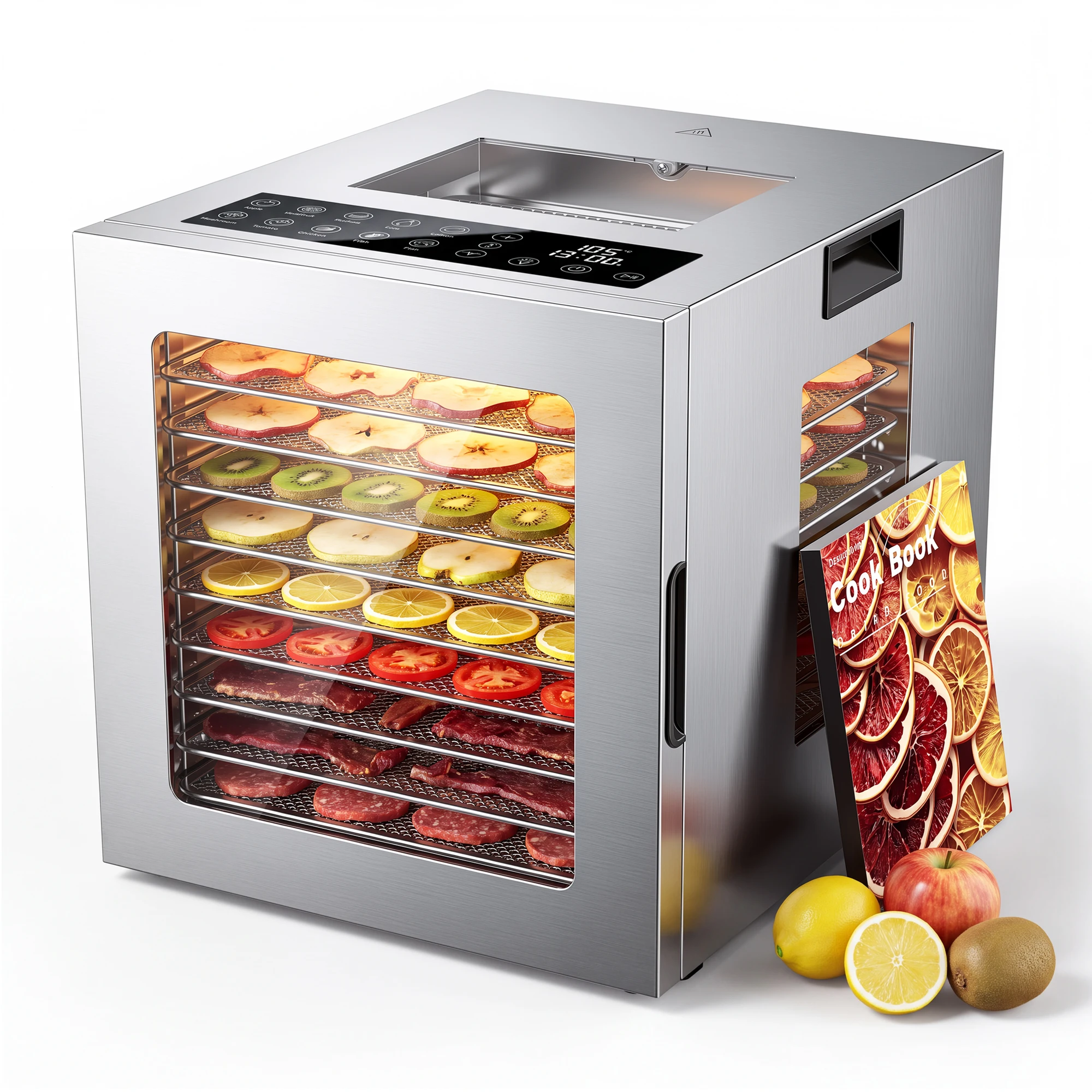 Essiccatore in acciaio inossidabile a 10 livelli, 850 W - essiccatore per alimenti con rotazione a 360° ° Circolazione dell'aria, Timer 48H, Mantenimento a caldo 24H, per Frutta, Verdura, Carne