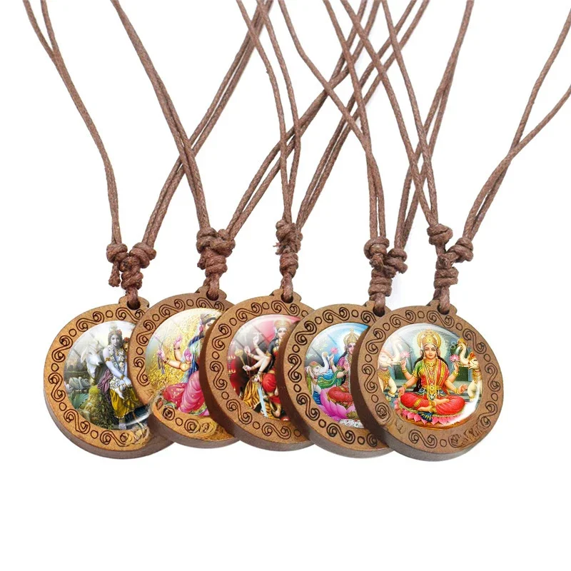 1pc Indian Ganesha zdjęcie brązowy drewniany naszyjnik szkło Cabochon biżuteria w stylu Vintage drewno naszyjniki Lakshmi, Shiva Amulet kobiety prezenty — zdjęcie 2