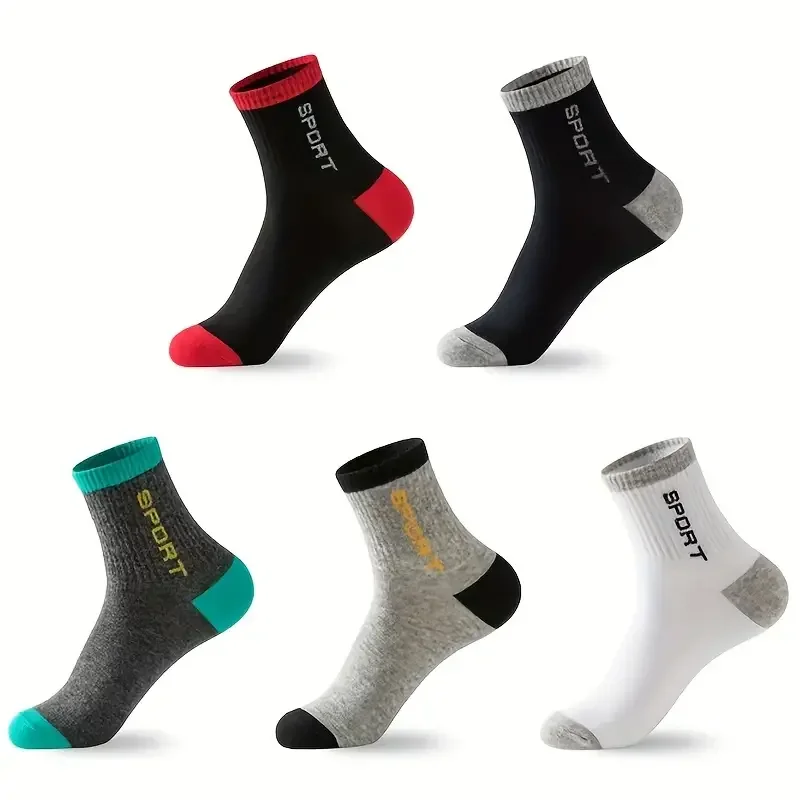 5pairs/set Men\'s Breathable Colorblock Socks Crew Socks For All Seasons