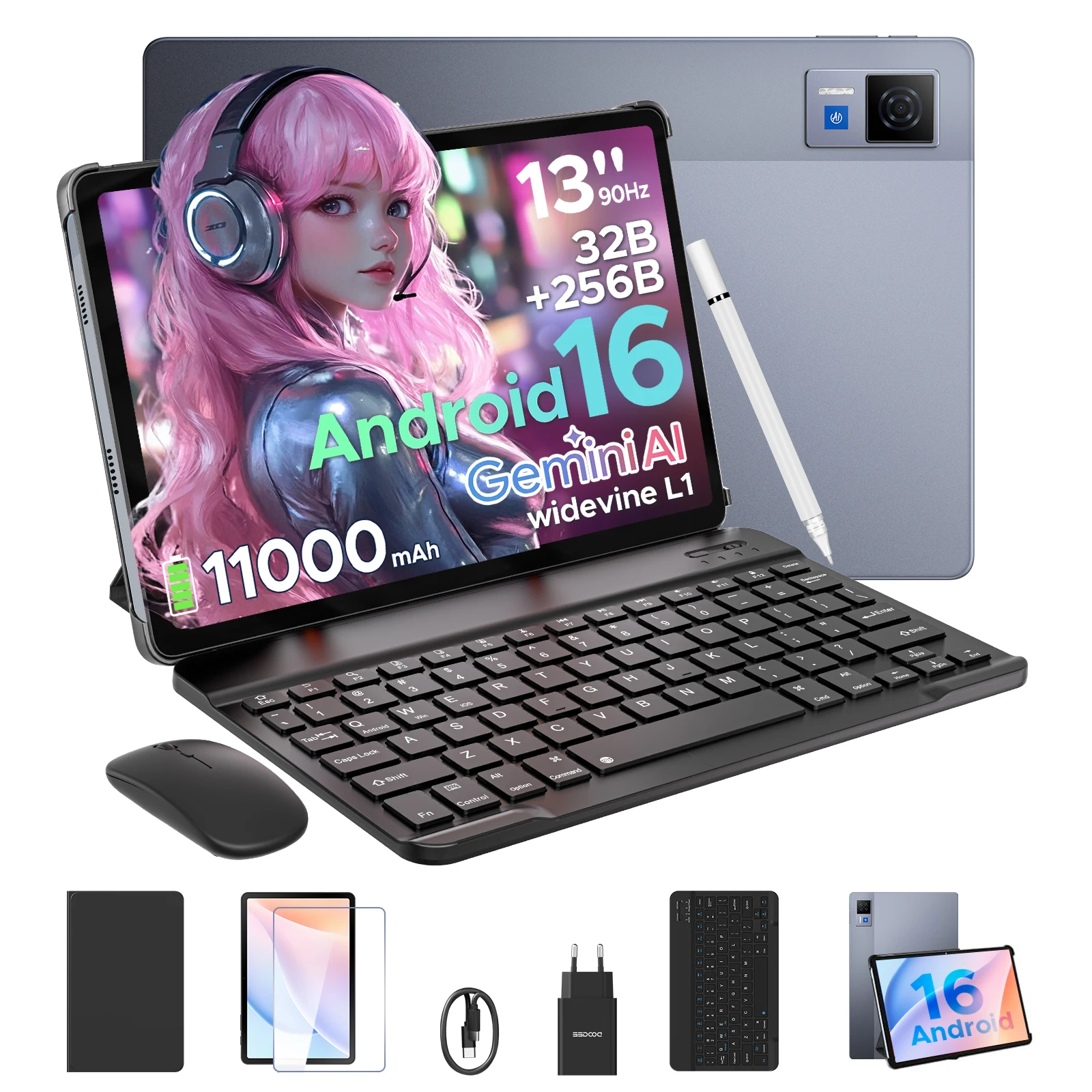 DOOGEE U13 Android 16 Tablet 2-in-1 tablet 13 inch IPS FHD+ 90Hz scherm 11000mAh batterij 32GB RAM (6+26) 256GB ROM T7280 Octa-Core