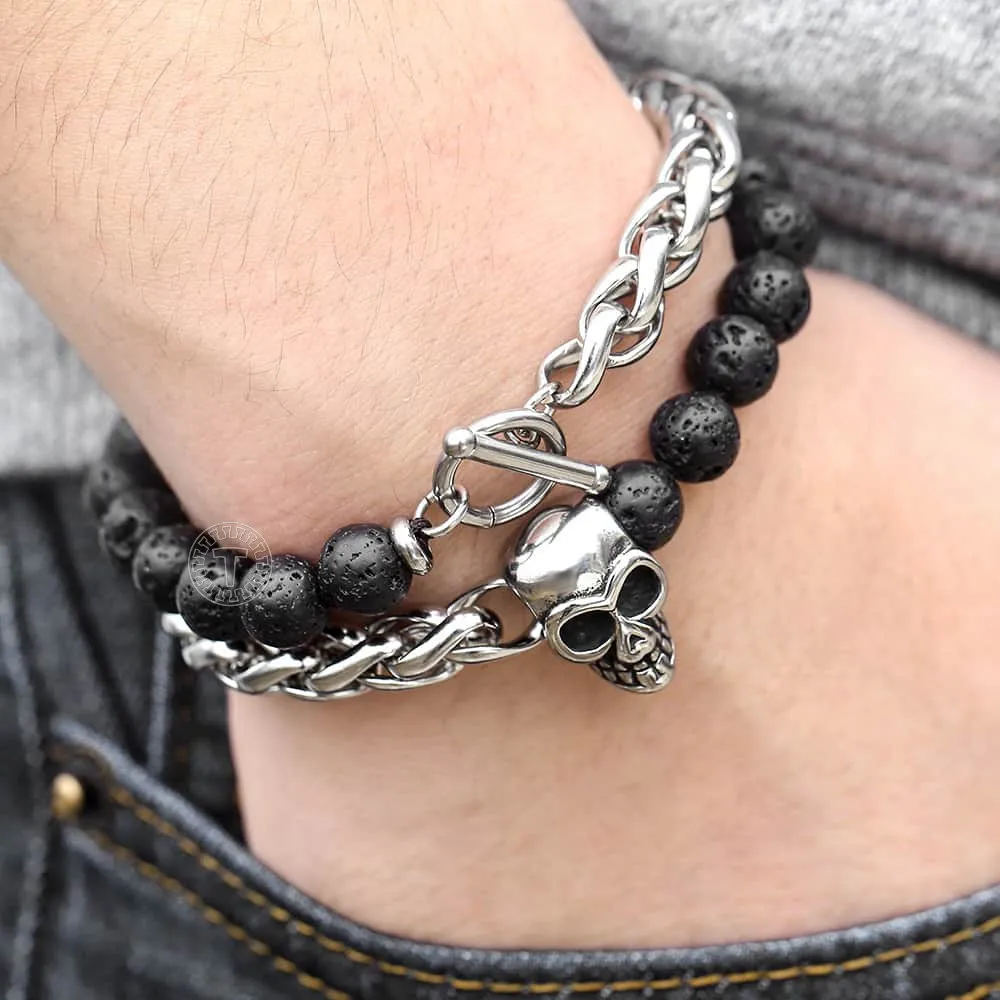 

8mm Mens Womens Bracelet Stainless Steel Wheat Link Double Layered Wristband Black Lava Beaded Bracelet OT Buckle Male Jewelry