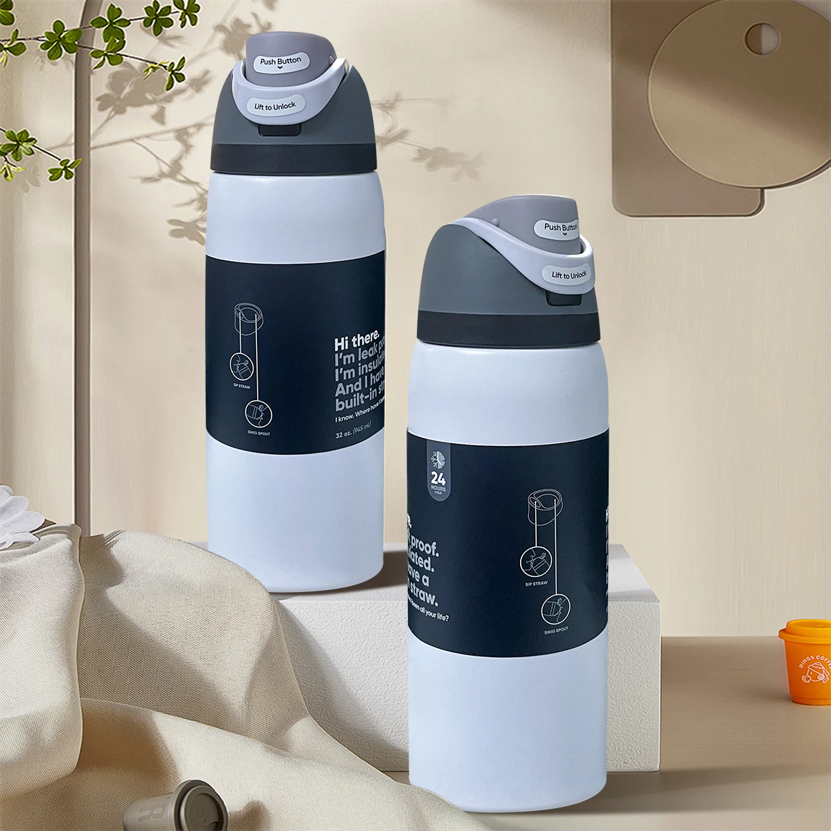 زجاجة أوبالا بيضاء، 32 أونصة، 945 مل، تحافظ على الحرارة لأكثر من 24 ساعة.