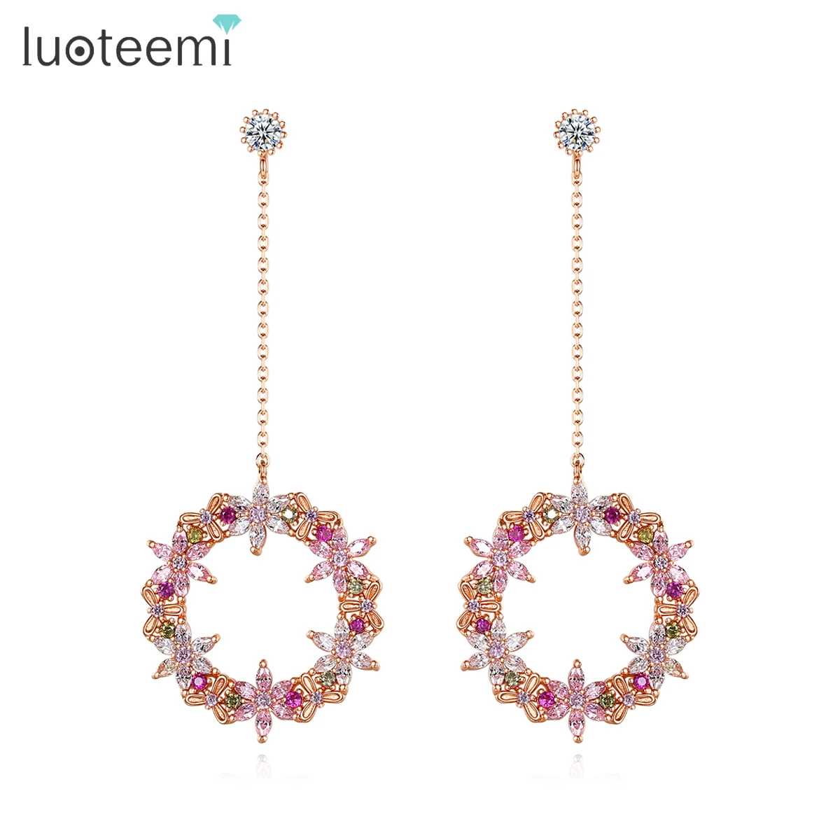 LUOTEEMI Fancy Multiple Flower Long Drop Dangle Earring for Girl Korean Fashion Cubic Zircon Bridal Wedding Christmas Jewelry