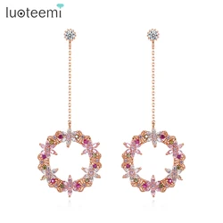 LUOTEEMI Fancy Multiple Flower Long Drop Dangle Earring for Girl Korean Fashion Cubic Zircon Bridal Wedding Christmas Jewelry