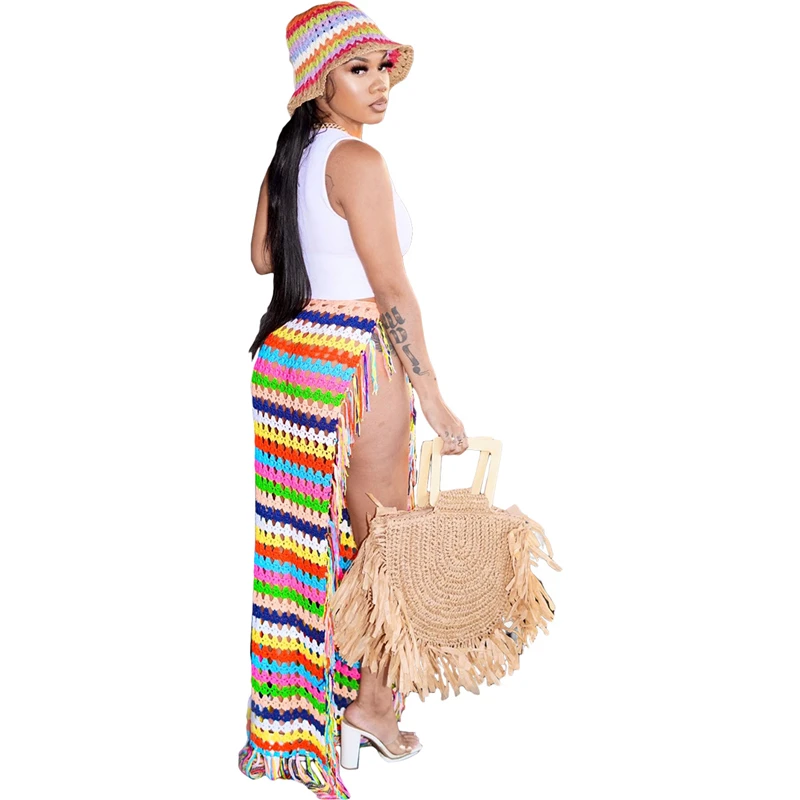 Colorful Hand Crochet Tassel Maxi Skirts Women Fashion Sexy Side High Split Knitted Long Beach Cover Ups Casual Petticoats