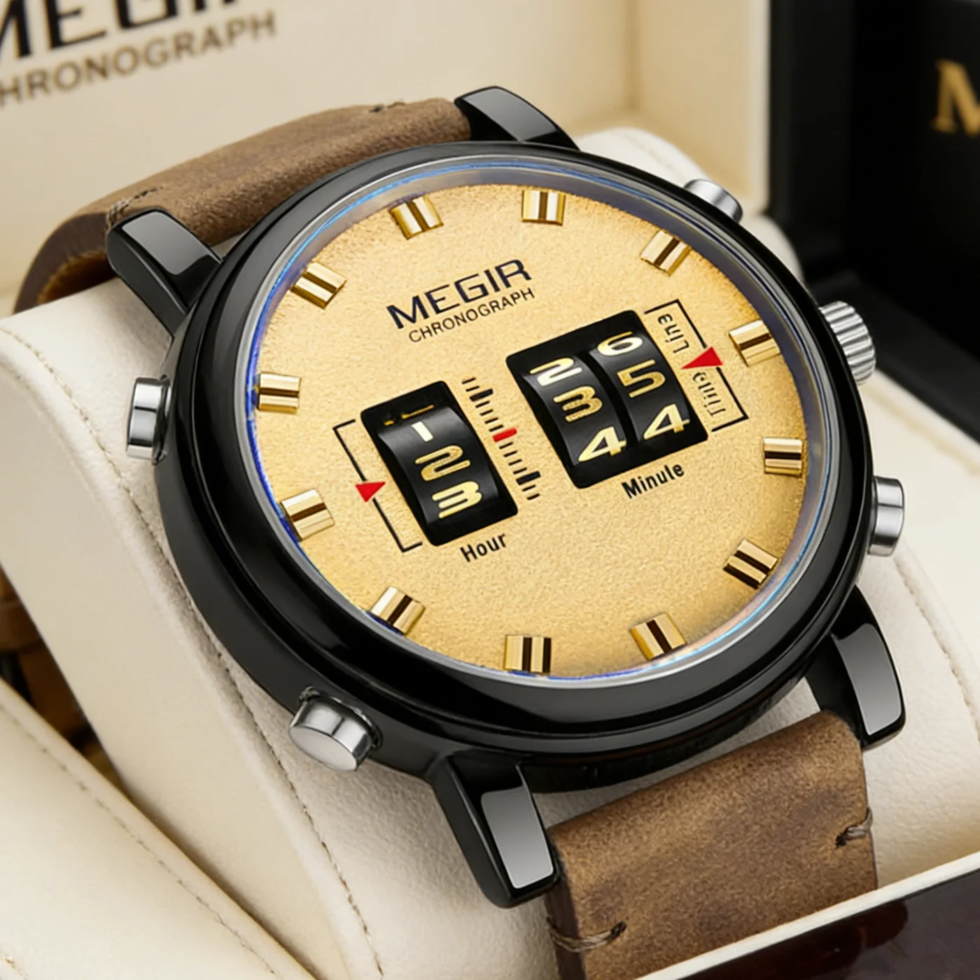 MEGIR Fashion Military Sport Watches for Men Leather Strap Roller Quartz Wristwatches Waterproof Casual Large Dial Watch Clock