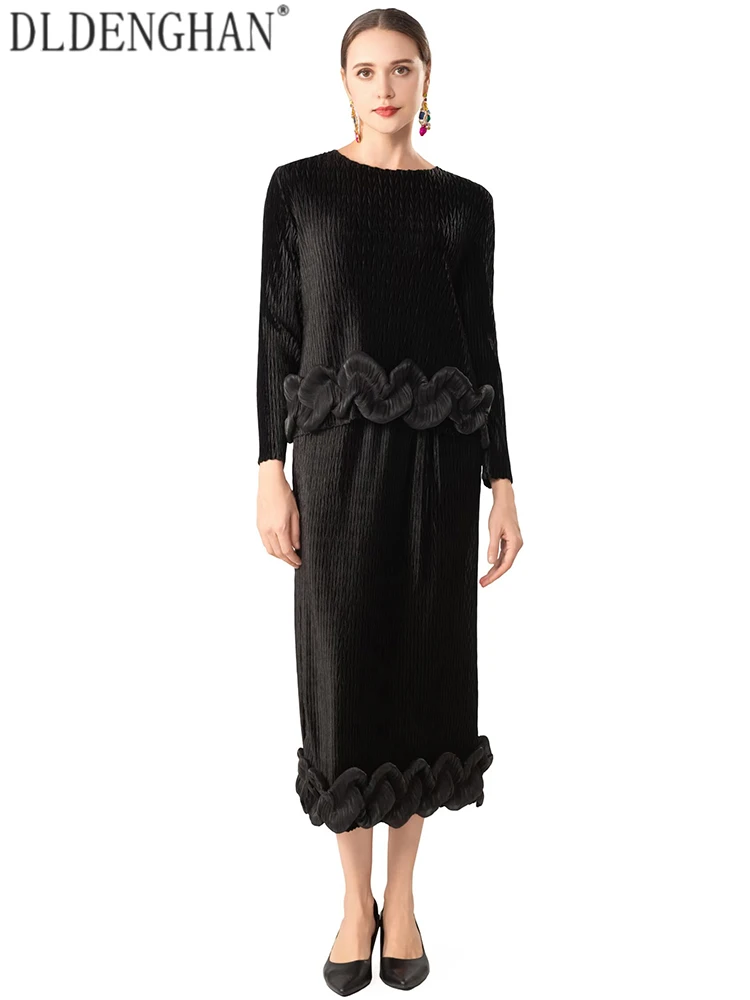 DLDENGHAN Women O-Neck Long-sleeved Elastic Waist Folds Design Spring Autumnal New model Solid High Street Fashion 2-Piece