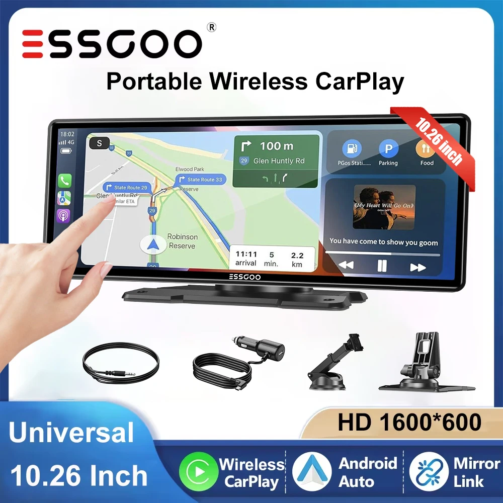ESSGOO Universelle Halterung für 10.26 Zoll Autoradio für Wohnmobile LKW Tragbares kabelloses CarPlay Android Auto FM Bluetooth Mirror Link Lenkradsteuerung Touchscreen Multimedia Einfache Montage