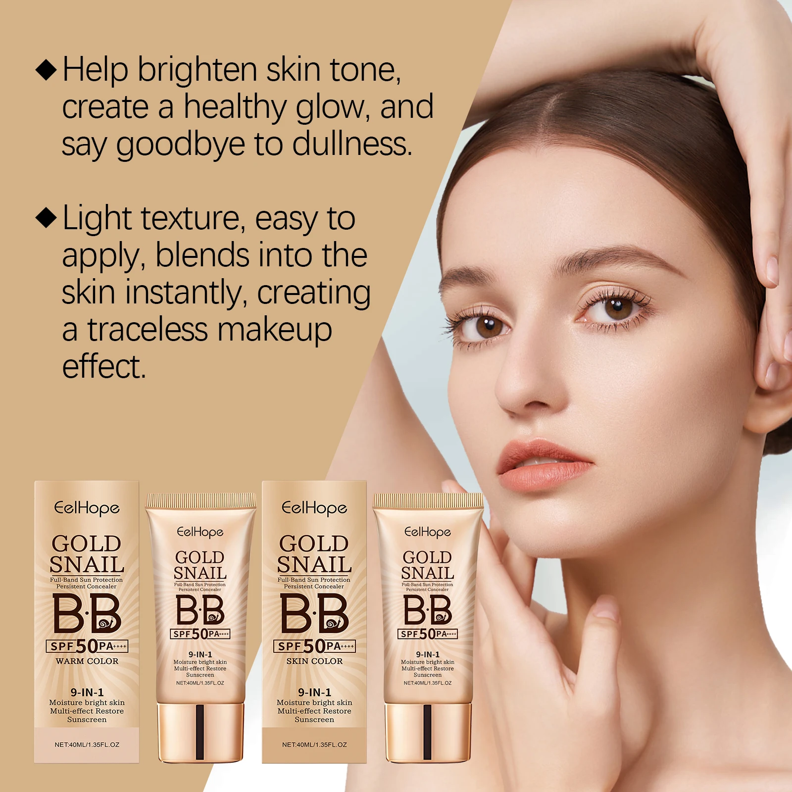 EELHOPE الذهب الحلزون BB كريم المخفي Sunblock دائم ترطيب اشراق لون البشرة غير لزجة مقاوم للماء الوجه BB كريم