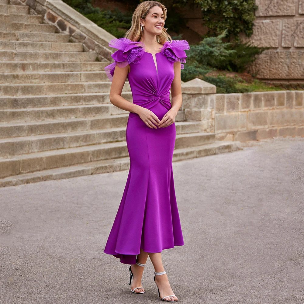 

Gorgeous Short Sleeve Purple Evening Dress O-Neck Slim Mermaid Ankle-Length Backless Women Party Custom Gowns for Wedding Guest