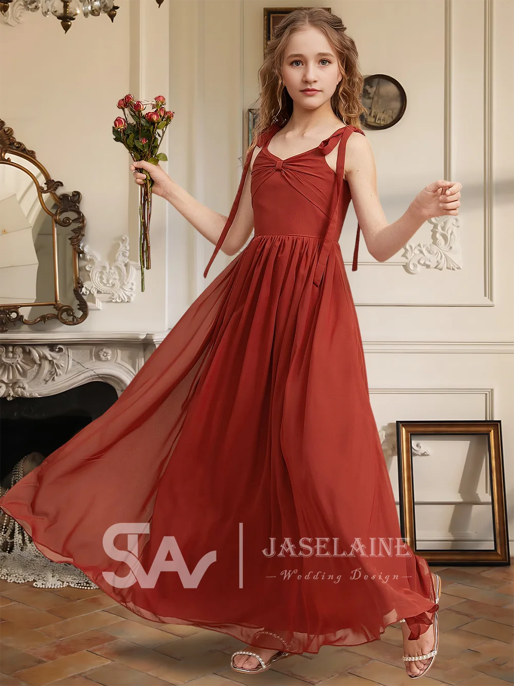 

A Kids A Line V Neck Floor Length Chiffon Junior Bridesmaid Dress Flower Girl Dress Girls Party Wedding Formal Special Occasion