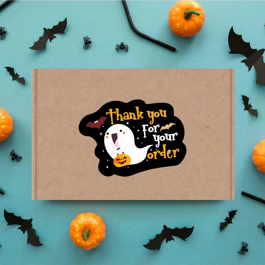 100 Pcs Halloween Thank You Stickers for Small Business –Black Ghost-Themed Packaging Labels,  , Self-Adhesive