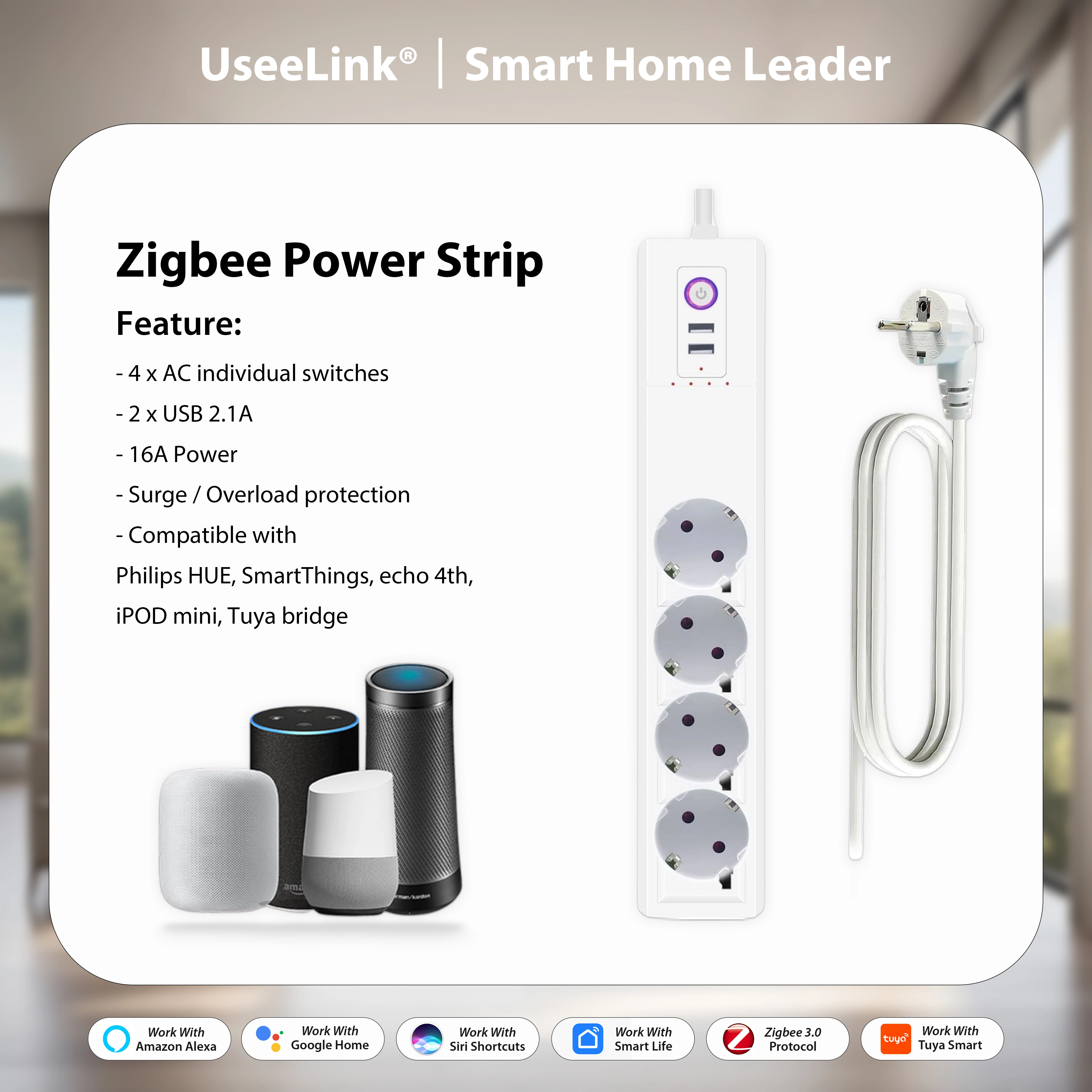 

UseeLink Smart ZigBee Power Strip 4 AC Individually Controlled Sockets 2 USB Works with Alexa Google Home Hub Required