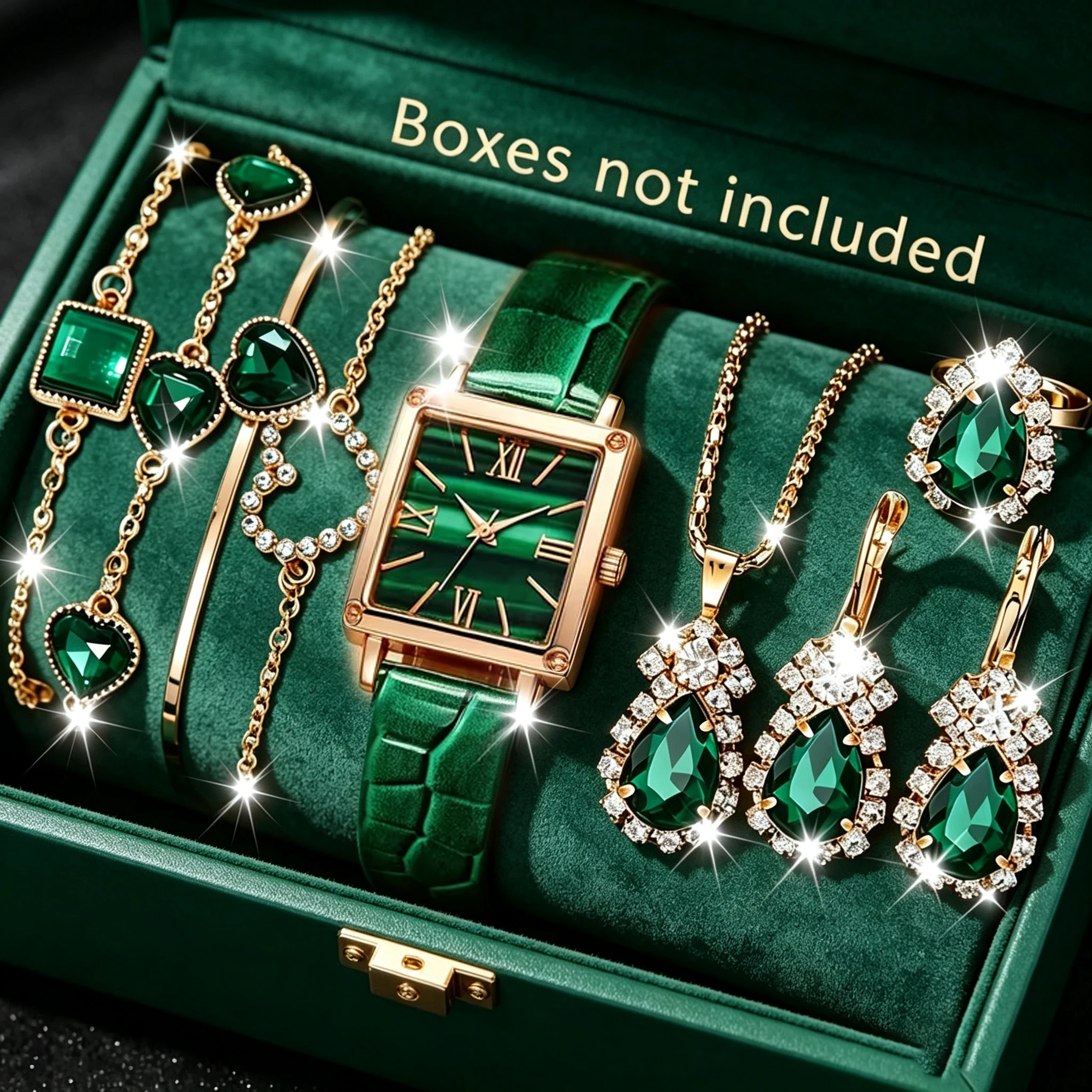 9-Piece Set of Luxury Green Fashion Watches for Women with Accessory Set, Luxury Multifunctional Square Dial Quartz Watch, Bracelet, Necklace, Ring, and Earring Combination — Suitable for Daily Use or as a Holiday Gift, Elegant Green Color