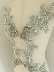 1 Pair Taupe Grey Rhinestone Applique With 3d Lily Flowers For Couture Dance Costume Bridal Dress Ball Gown