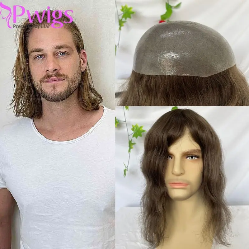 

Pwigs12 Inch Long Toupee for Man Cambodian Human Hair 4# Brown V-loop Super Skin Base Full PU Human Hair System for Man 8X10inch