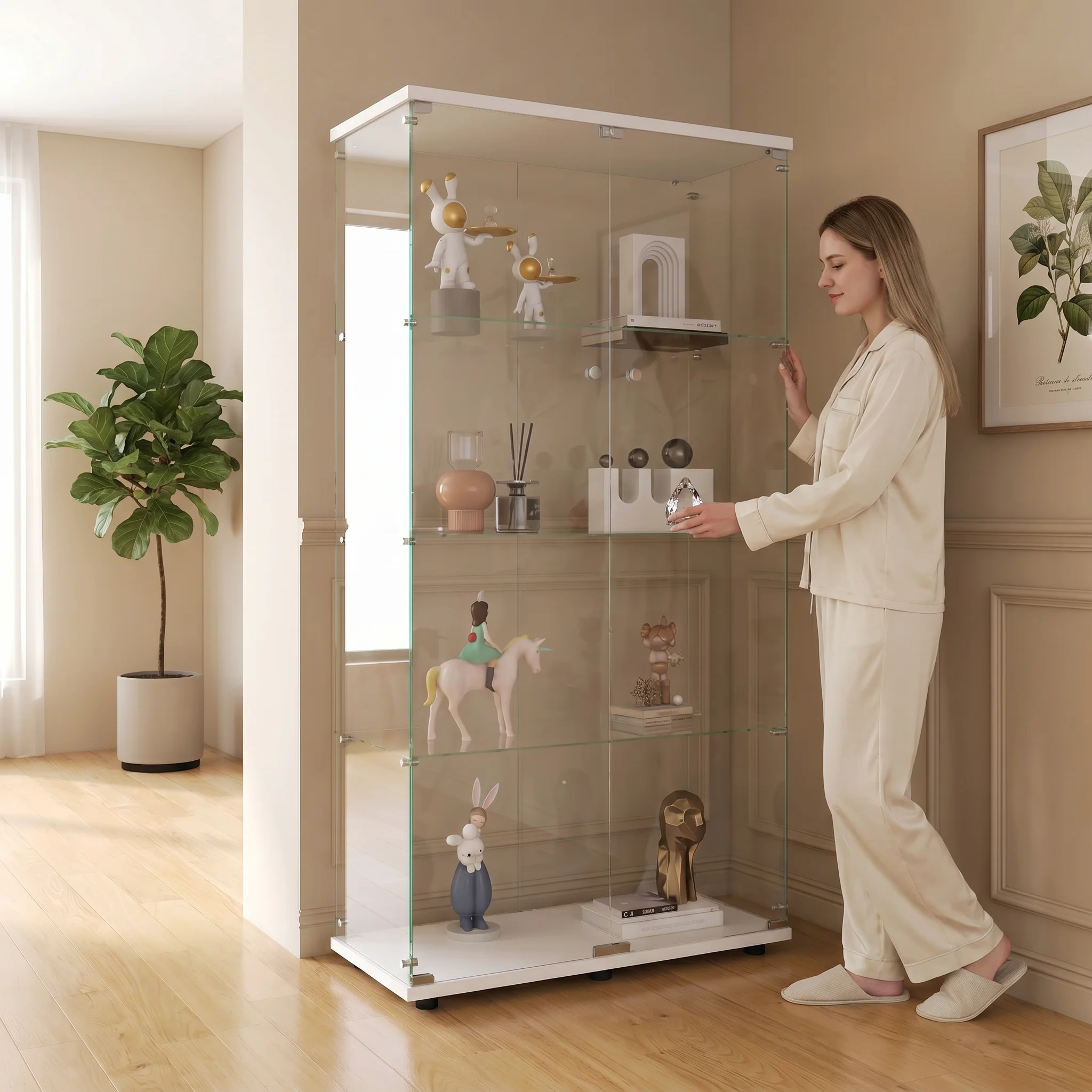 Vitrine Verre Meuble, Vitrine en Verre pour Collection avec 1/2 Porte et Serrure 2/3/4 Layers Armoire Vitrine Transparente Verre Trempé Vitrine Meuble Salon Vitrine d'armoire pour Salon Bar Chambre Dressing Salle à manger, Noir / Blanc