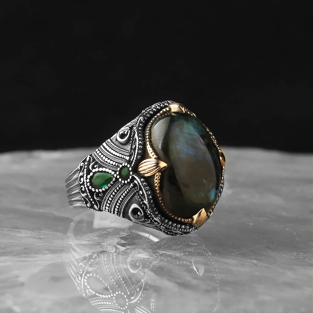 Men's solid 925 sterling silver ring oval natural Peacock Labradorite stone green zircon st high quality gift of jewelry