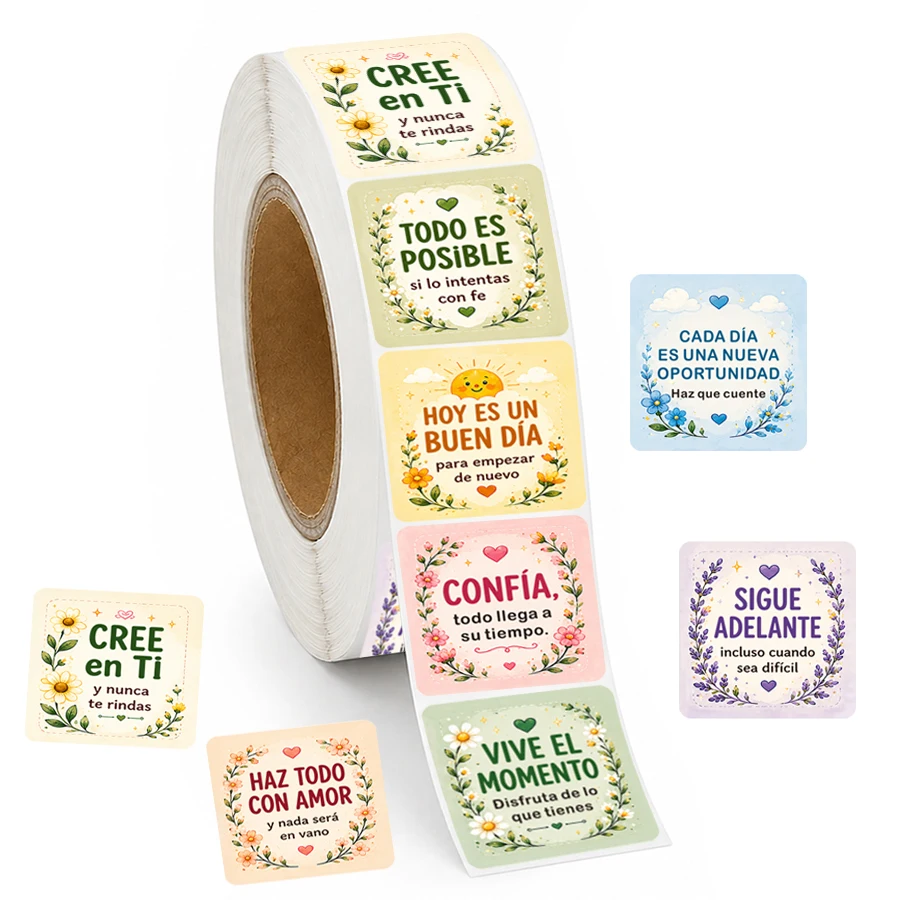 500 Pcs Spanish Motivational Stickers Roll, 10 Designs Inspirational Quote Labels, Square Floral Encouragement Stickers