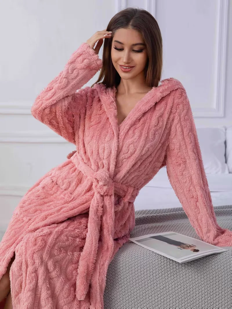 Pink Flannel Female Long Robe Lounge Wear Thicken Coral Fleece Hooded Bathrobe Gown Autumn Winter Loose Sleepwear Home Dress view 2