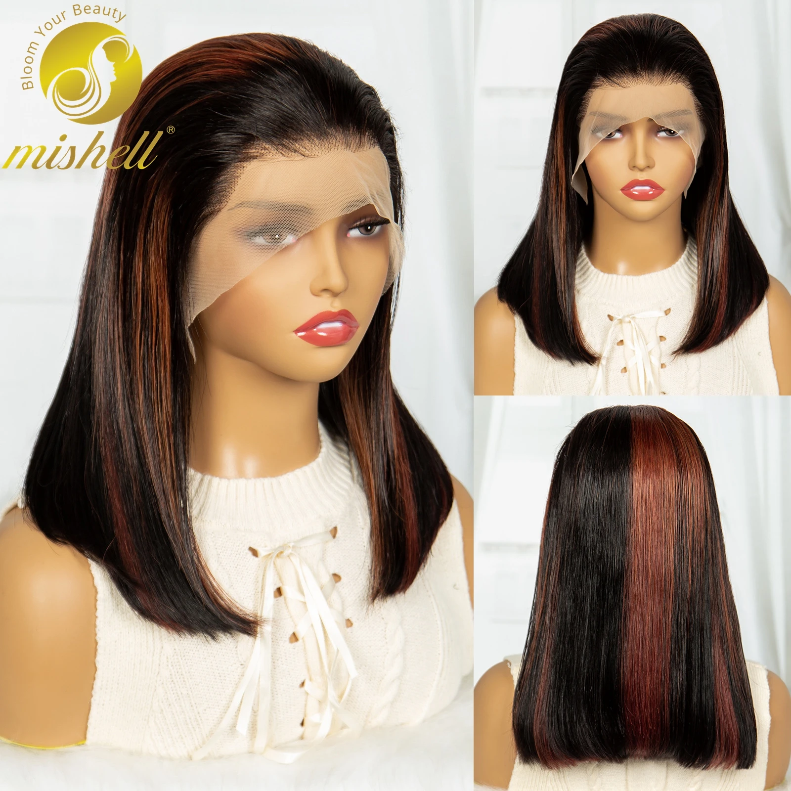 Wig Bob lurus pendek ketebalan 250% 13x4 Wig depan renda transparan rambut manusia Remy Brasil Wig depan renda Bob berwarna