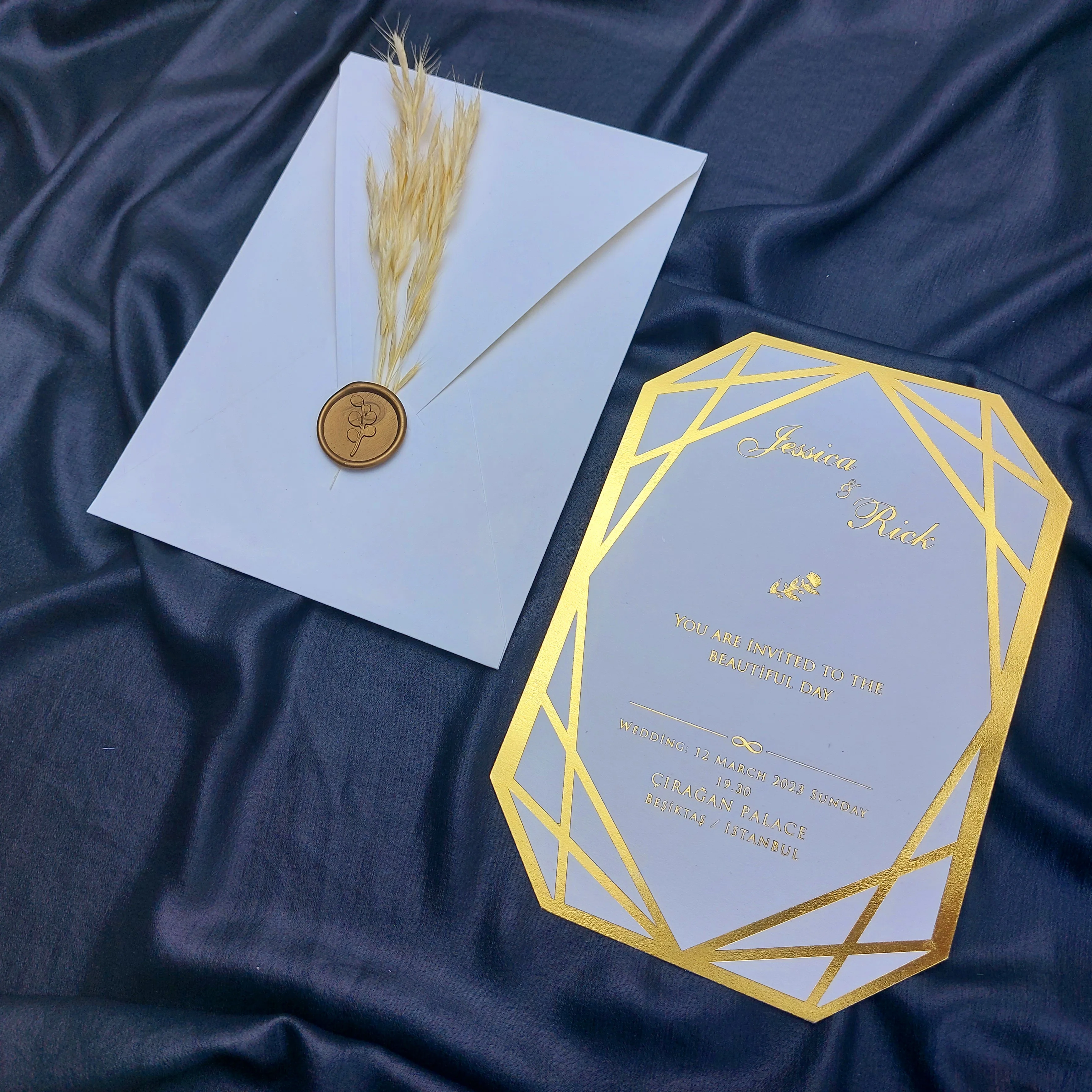 Wedding Details Card, Minimalist Wedding Invitation, Custom Wax Seal, Wedding Invitation with RSVP, Gold Foil Texture