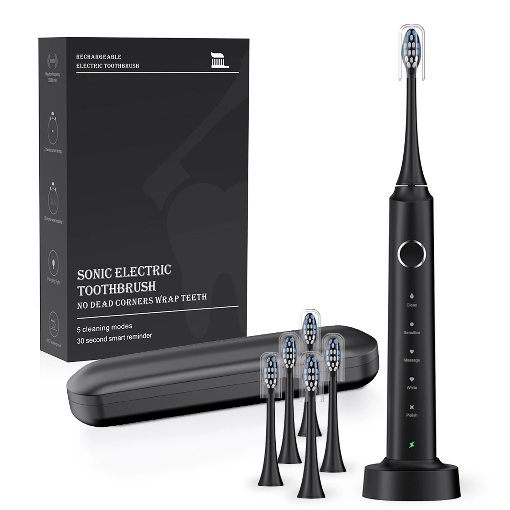 Electric sonic toothbrush USB rechargeable, equipped with 6 replacement heads and 5 levels of long-life toothbrush