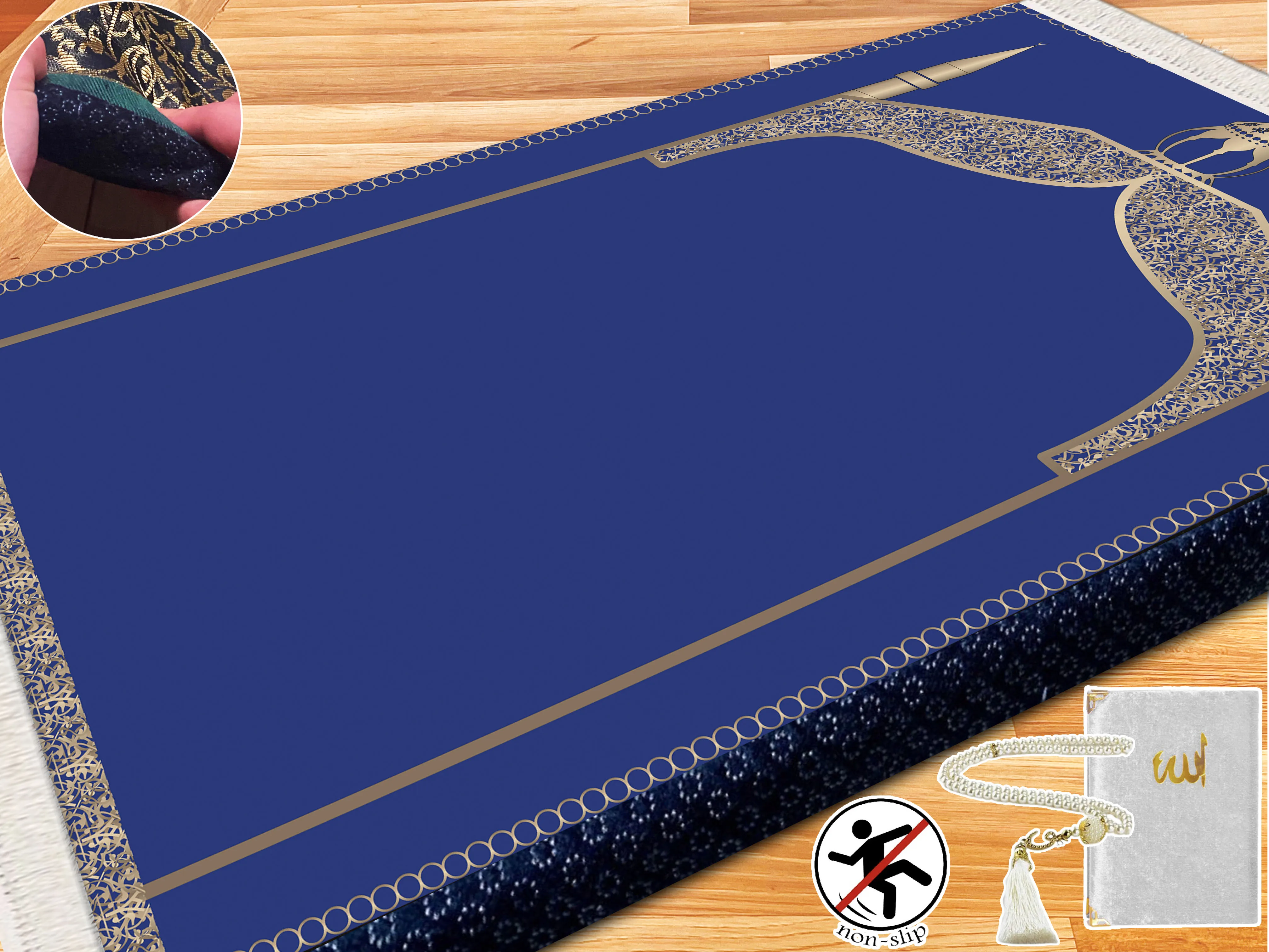 

Extra Thick Foam Padded Turkish Blue Gold Prayer Rug, Yaseen, Soft Praying Mat Carpet & Pearl Tasbeeh, İslamic Gift Set