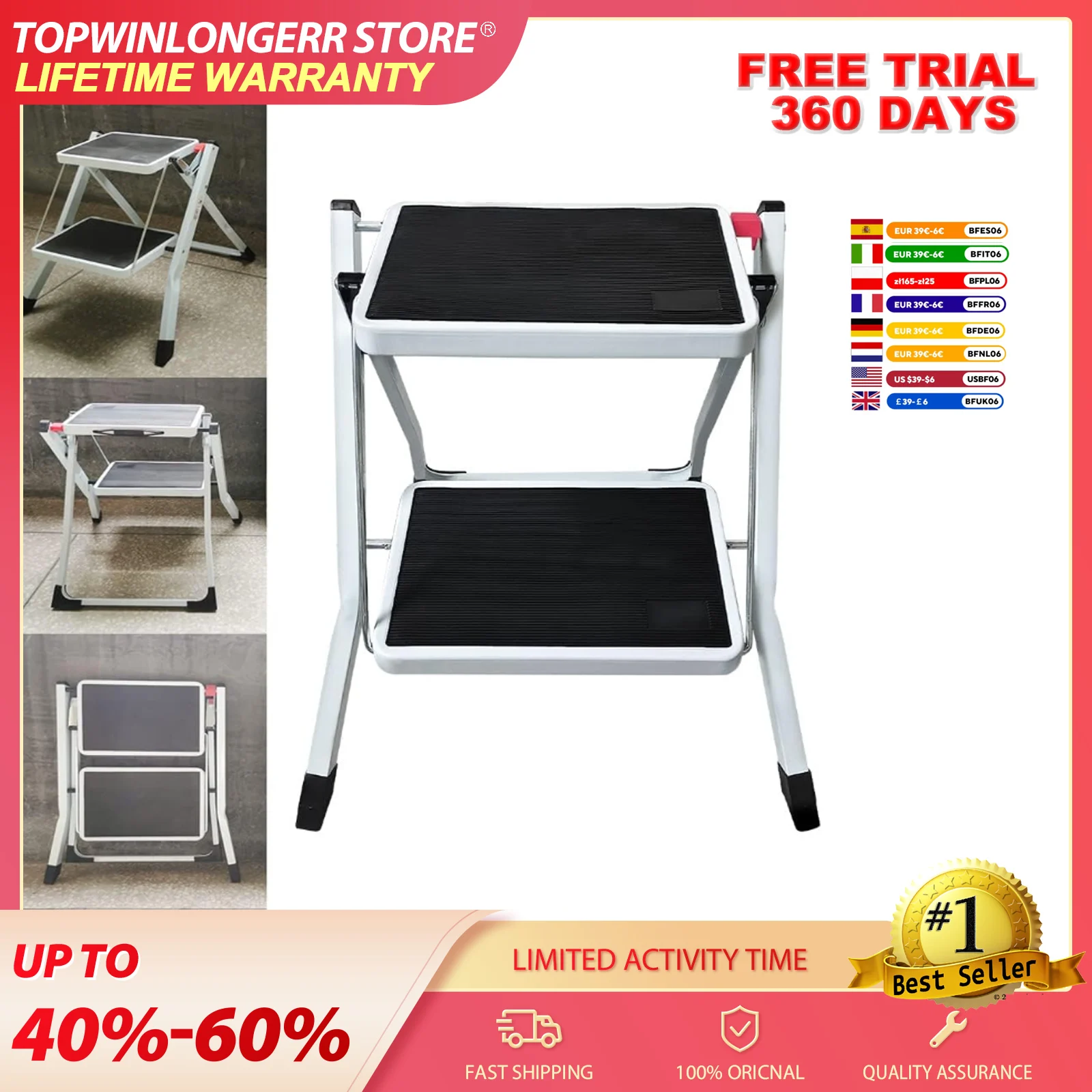 Escalera plegable pequeña de 2 peldaños con pedales anchos y antideslizantes, taburete portátil de dos peldaños para el hogar, cocina, oficina, ático, sala de estar, con capacidad de peso de hasta 330 lb.