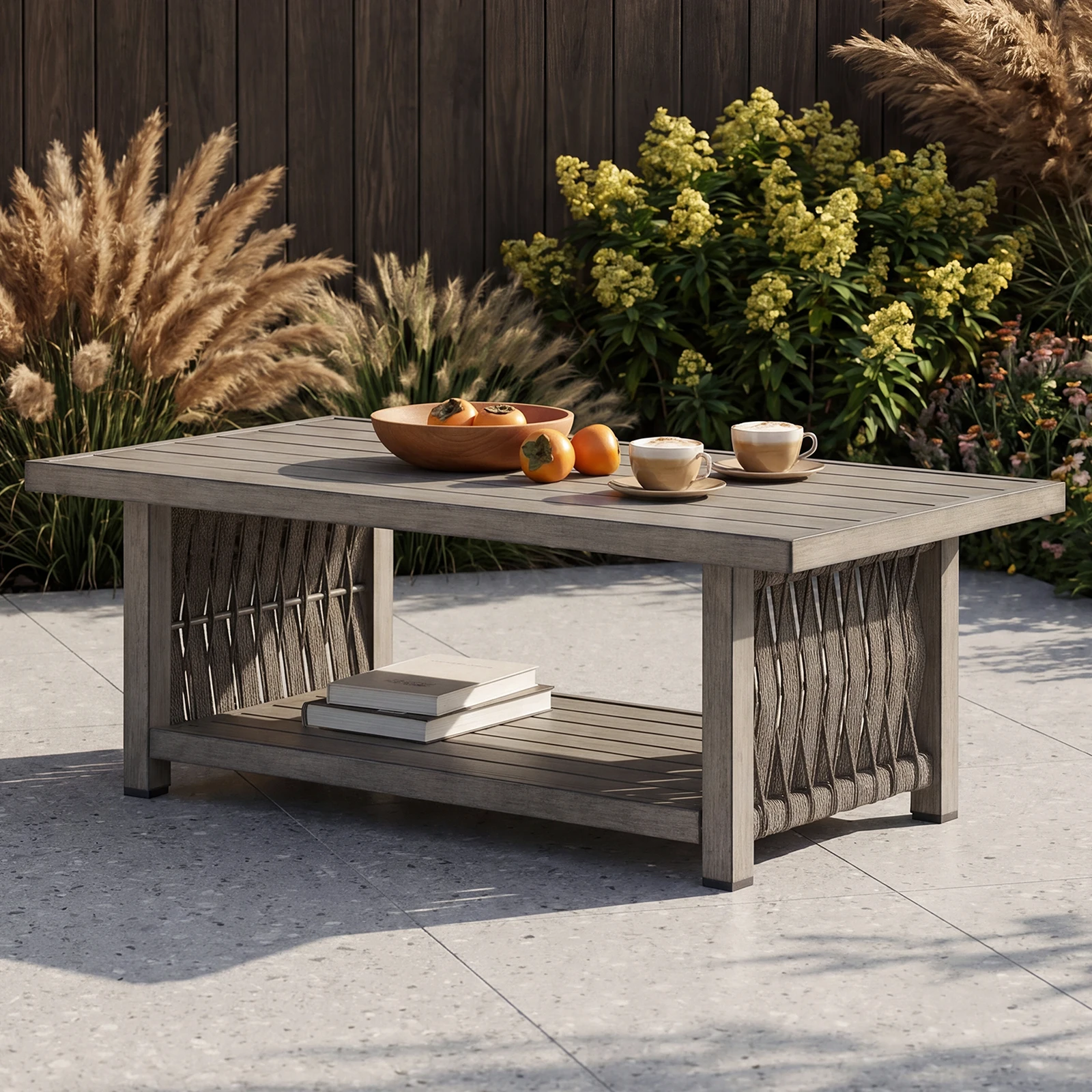 SeeHill Outdoor Coffee Table, Aluminum Rope Weave Patio Table, 2-Tier Weather-Resistant Rectangle Table, Gray Oak