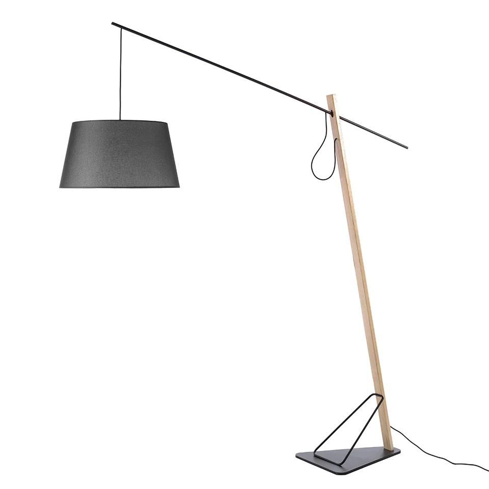 Standing lamp 8035 Angel Cerdá-floor lamp with cloth lampshade and adjustable in distance. Made of oak veneer and black stainless steel for base and post