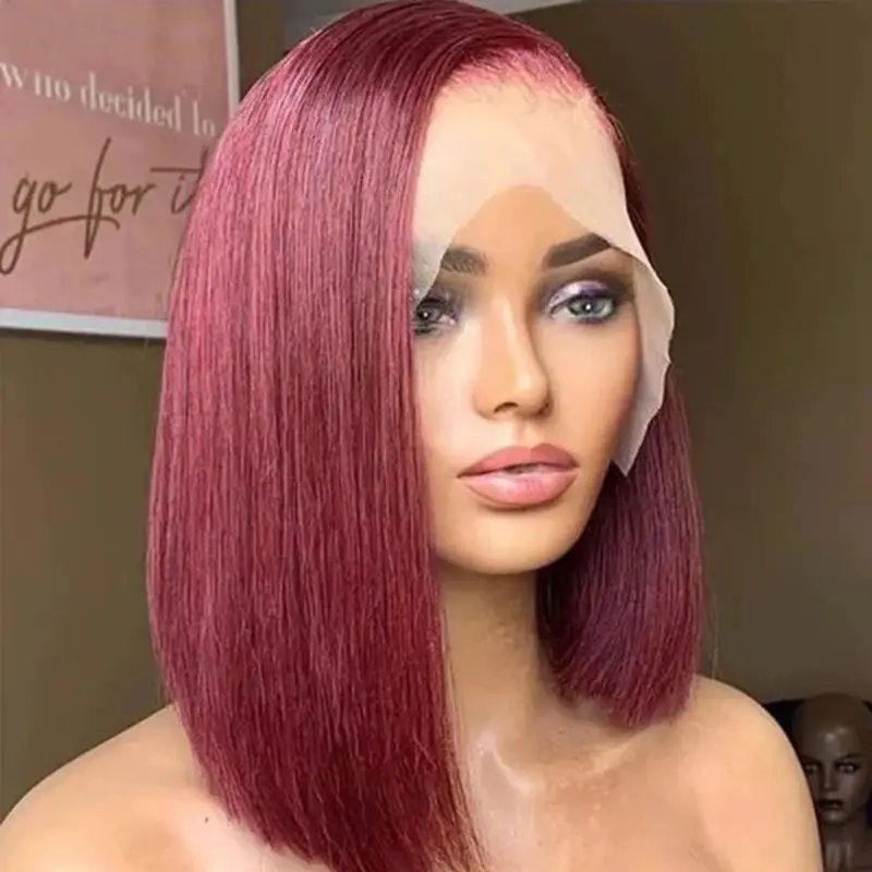 

Natural Wine Red Human Hair Bob Wig 13x4 Lace Front Straight Short Hair Bob Wig Human Hair Bob Womens Wig 99J Colored