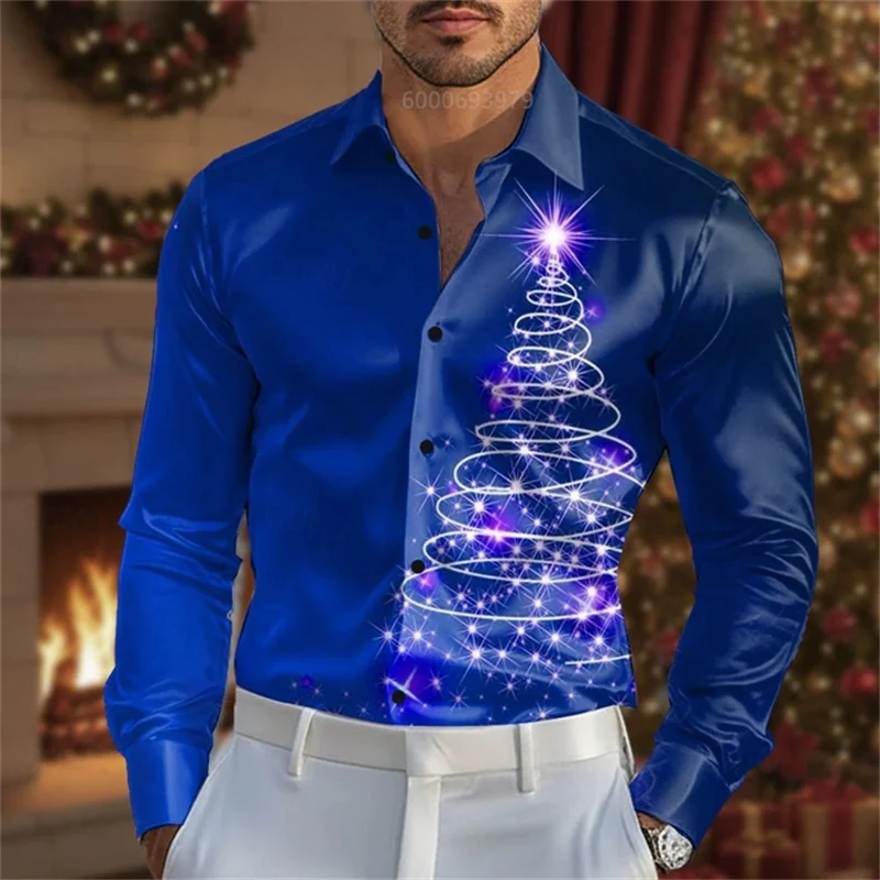Camicia natalizia da uomo con maniche lunghe in colore sfumato, moda casual, festa, vacanza, primavera e autunno, risvolto, camicia con bottoni stampati in 3D