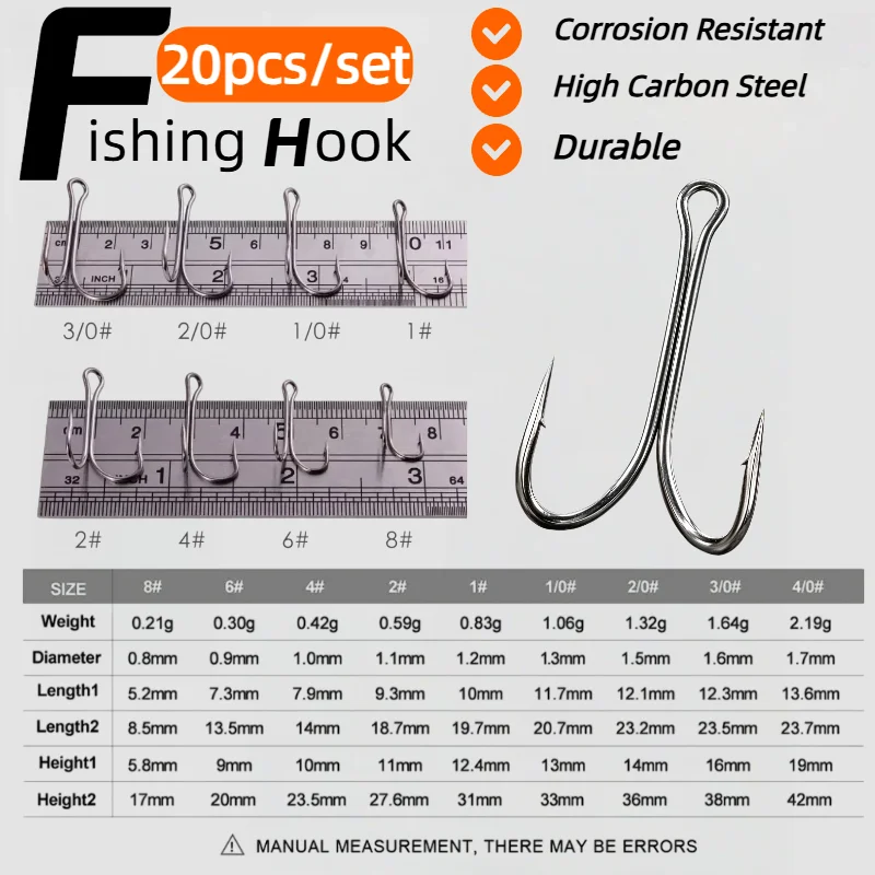 20Pcs/SET Double Fishing Hooks High Carbon Steel Sharp Anti‑Corrosion Barbed Fish Hooks Hooks for Freshwater Saltwater Angling