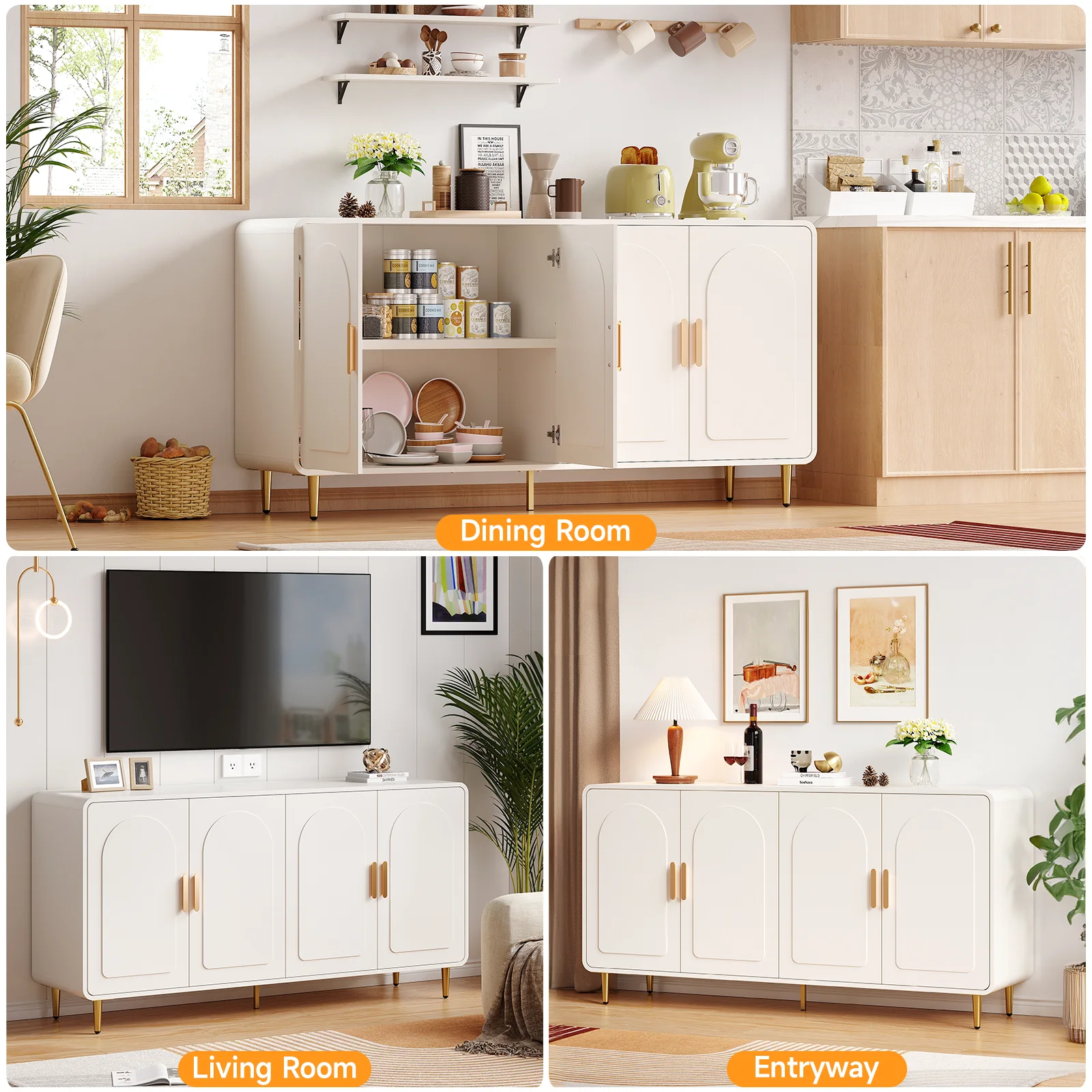 60" Sideboard Buffet Cabinet with Storage, Curved Design Cabinet with 4 Doors & Adjustable Shelves Modern Console Table image 6
