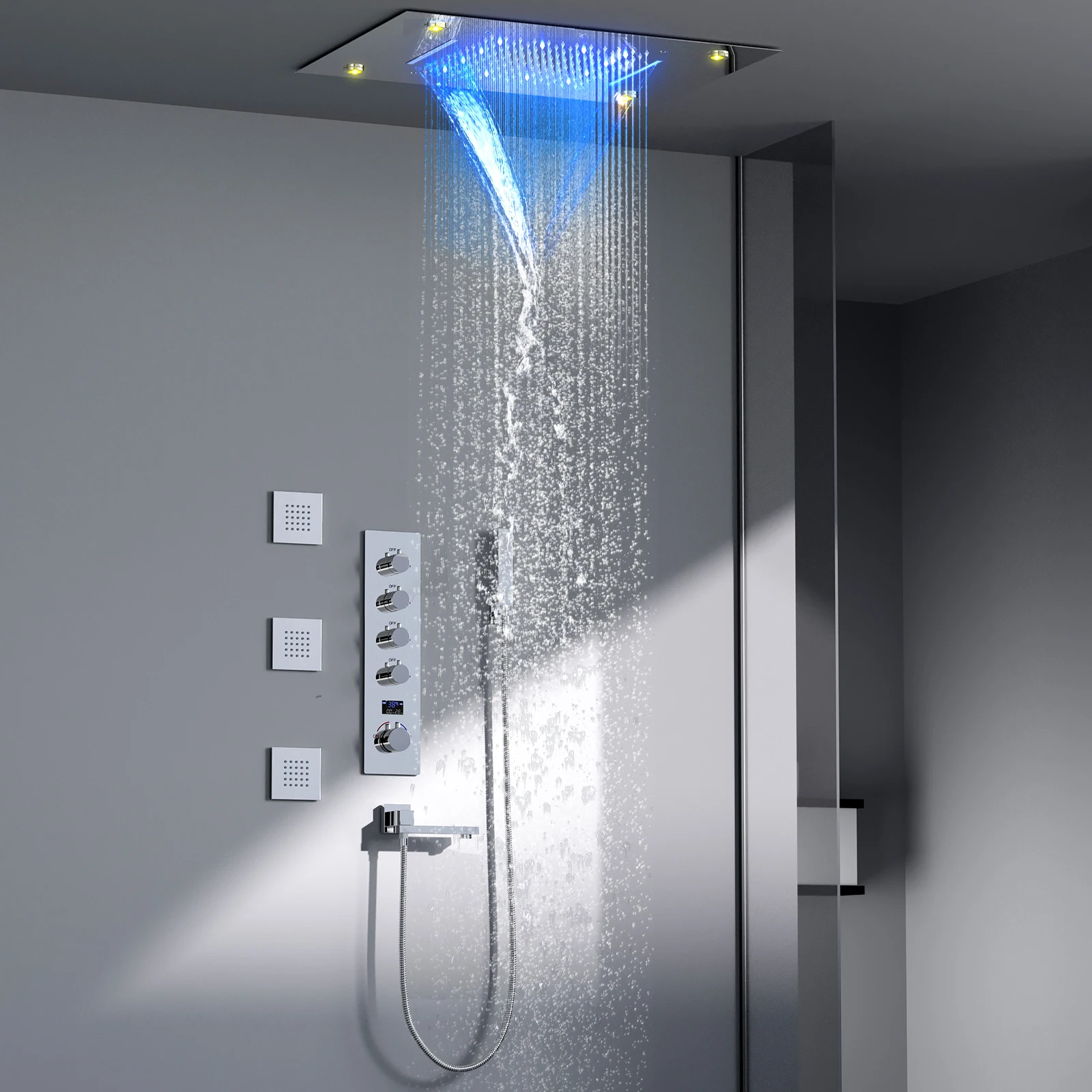 Modern Bathroom 20*14inch Shower Head Rainfall Waterfall LED Temperature Display Shower Set Cold and hot with Body Spray Jets