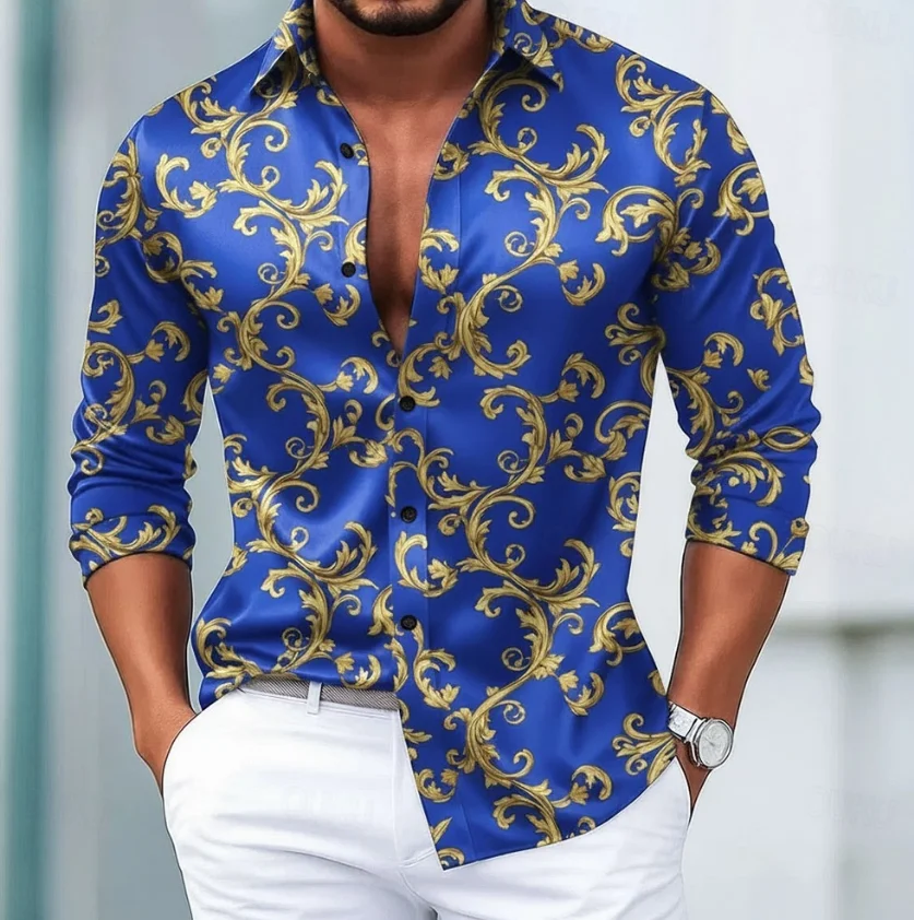 Kemeja satin pria motif bunga barok retro untuk liburan, pemakaian sehari-hari, musim semi, musim panas, musim gugur, kerah lapel, kemeja kancing cetak 3D