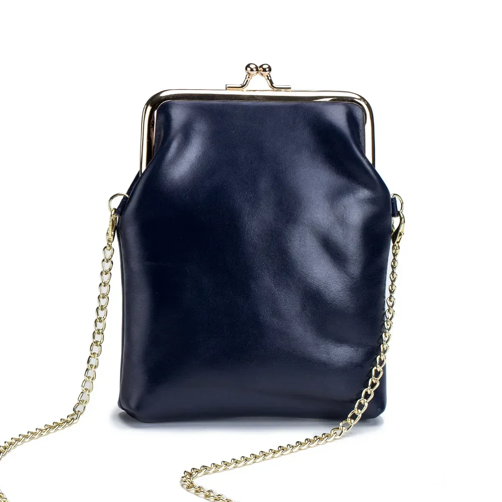 Vintage Genuine Leather Women Clip Bags Small Chain Crossbody Bag Fashion Kiss Lock Phone Bags High Quality Daily Purse Bag — zdjęcie 2